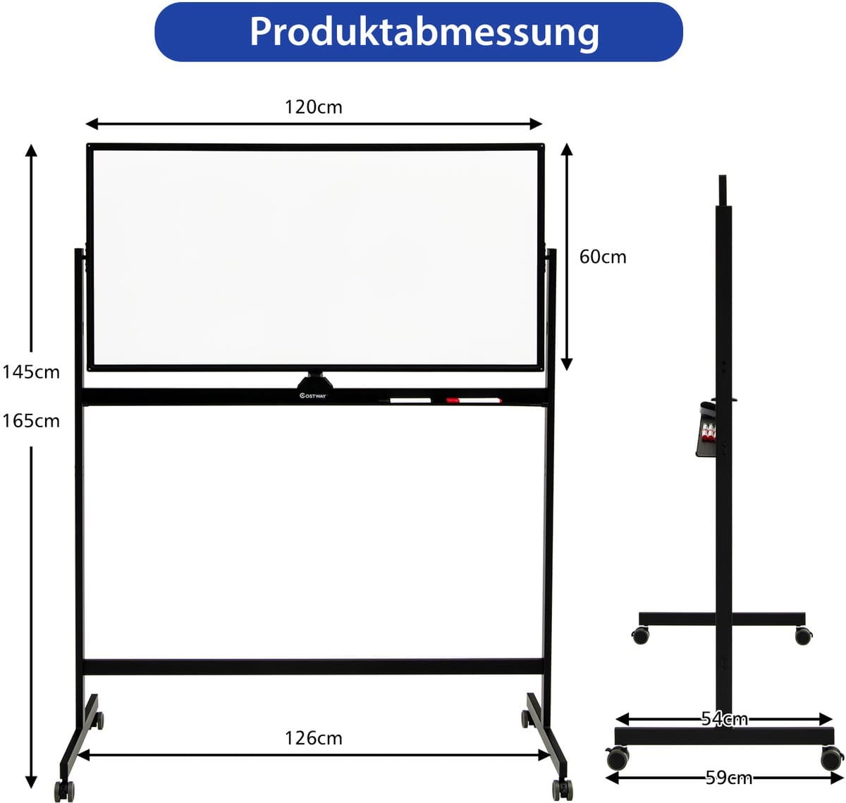 COSTWAY Mobiel whiteboard, 120 x 60 cm, dubbelzijdig magnetisch whiteboard met standaard en wielen, droog afwasbaar, verstelbaar whiteboard incl. accessoires voor thuis, kantoor en school, zwart thumbnail 8