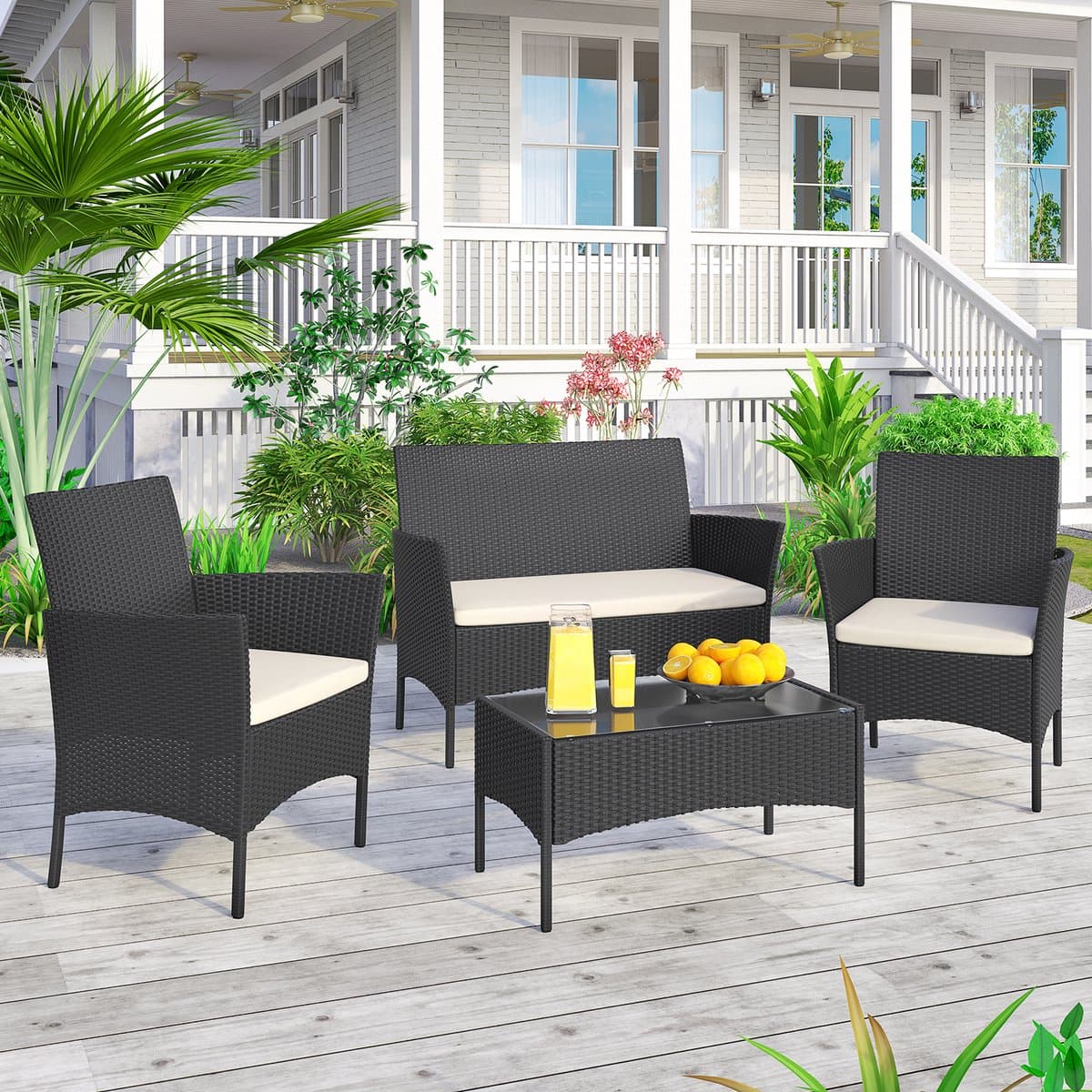 Loungesets - BIGZZIA Tuinmeubelset - 4 met - met 2 fauteuils, 1 bank en 1 tafel - Zwart thumbnail 7
