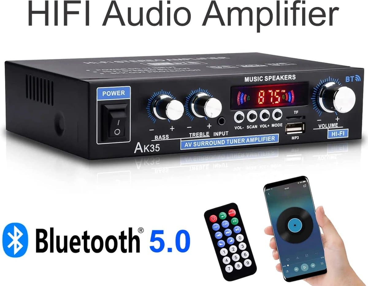 DrPhone PureSound Fosi - HiFi-stereo-audioversterker - Bluetooth Audio Power Versterker - 2-Kanaals Output – Met Afstandsbediening - Zwart thumbnail 3