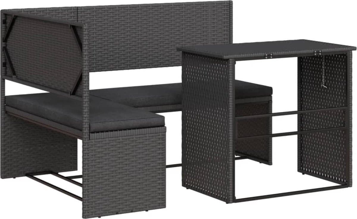 vidaXL - Tuinbank - met - tafel - en - kussens - L-vormig - poly - rattan - zwart thumbnail 2