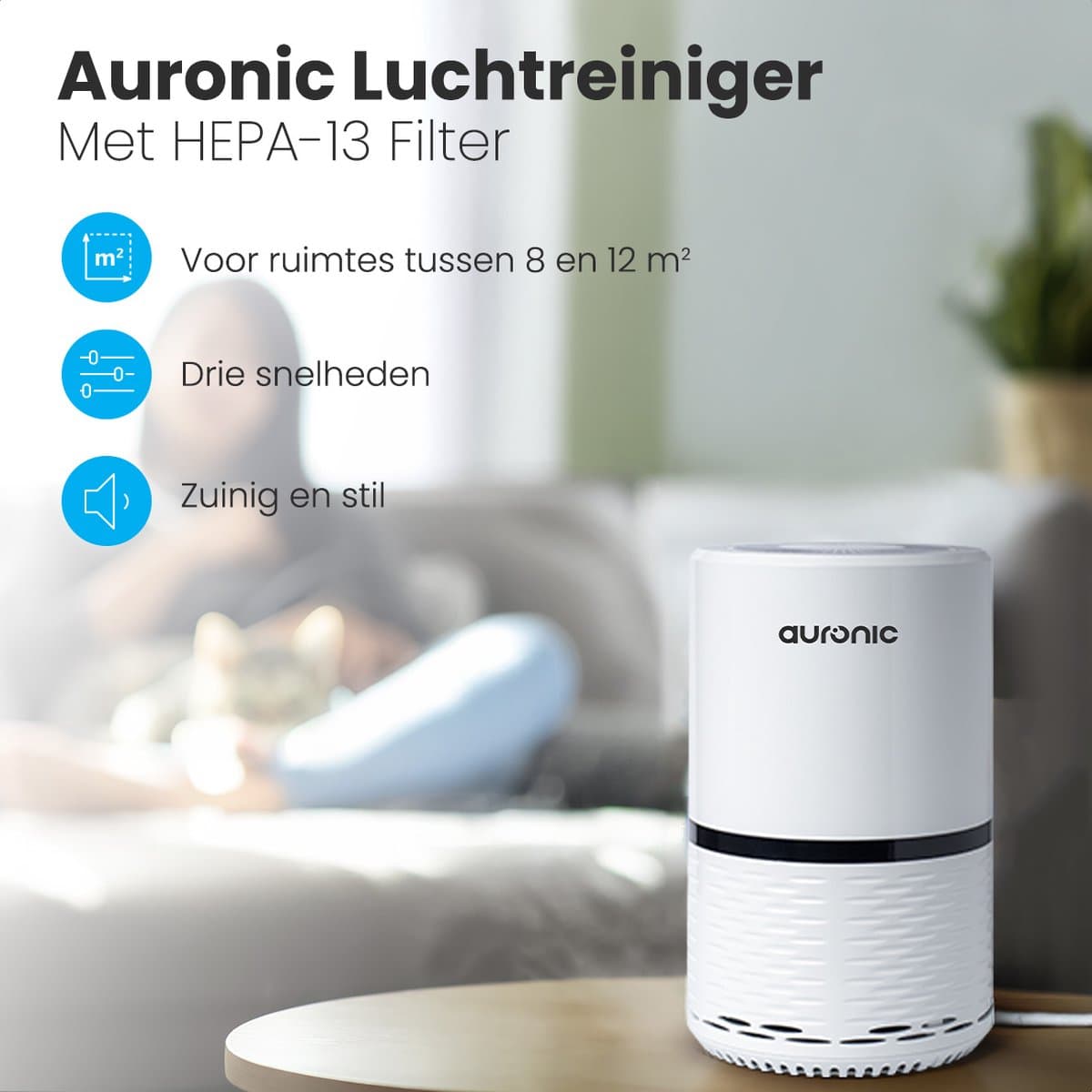 Auronic Luchtreiniger - 12 m² - Air Purifier met HEPA Filter - Verwijdert 99,97% - 25W - 3 Standen - Wit thumbnail 2