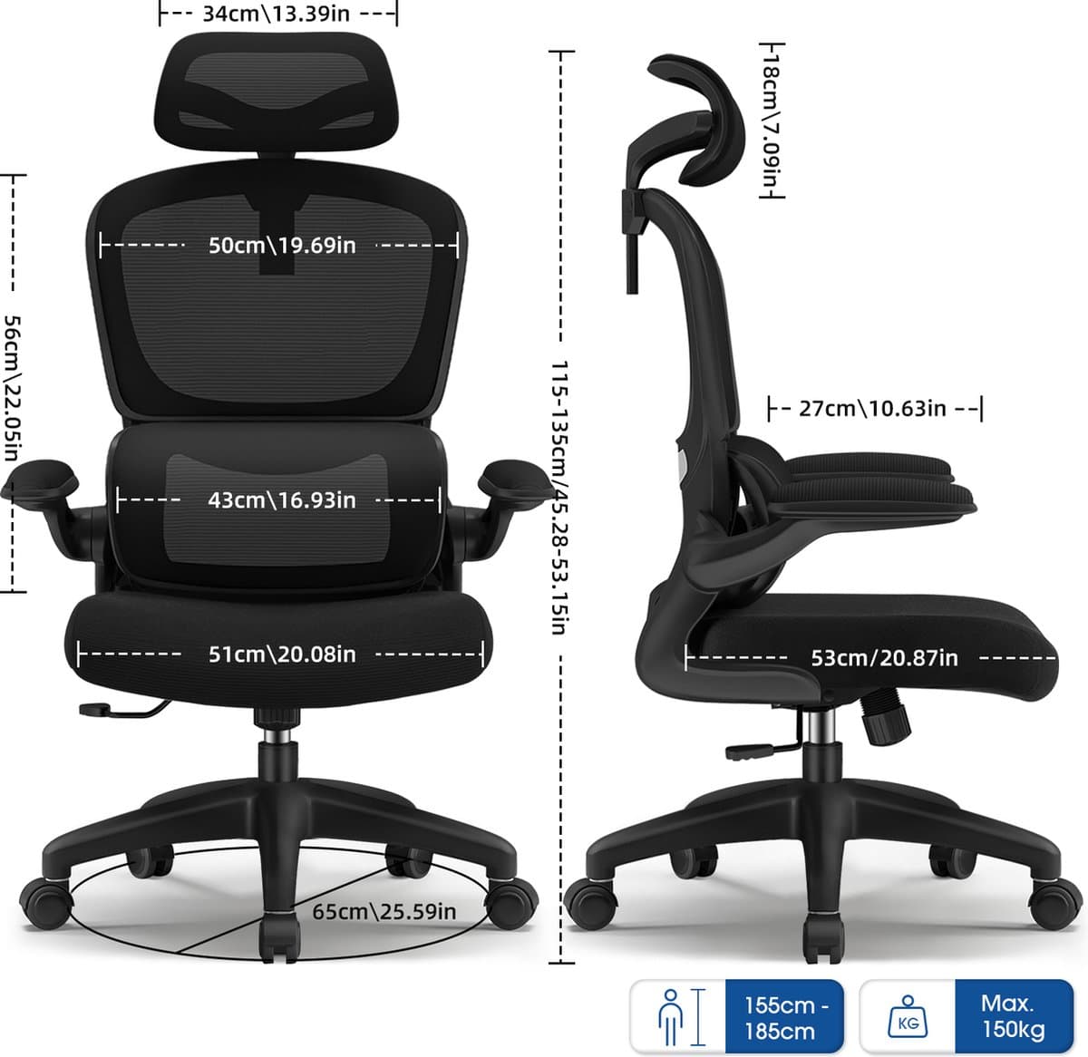 Elekiatech Ergonomische Bureaustoel - Bureaustoel met Opklapbare Armleuningen - Bureaustoelen voor Volwassenen - 150 Kg - Zwart thumbnail 4