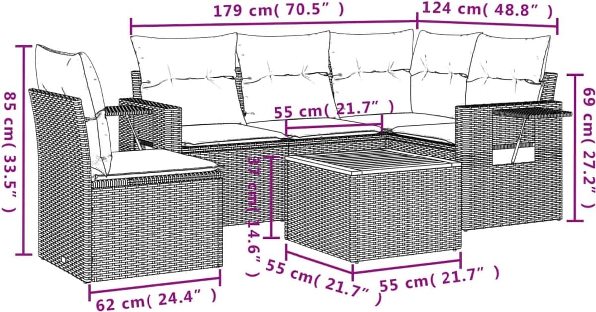 vidaXL - 6-delige - Loungeset - met - kussens - poly - rattan - zwart thumbnail 8