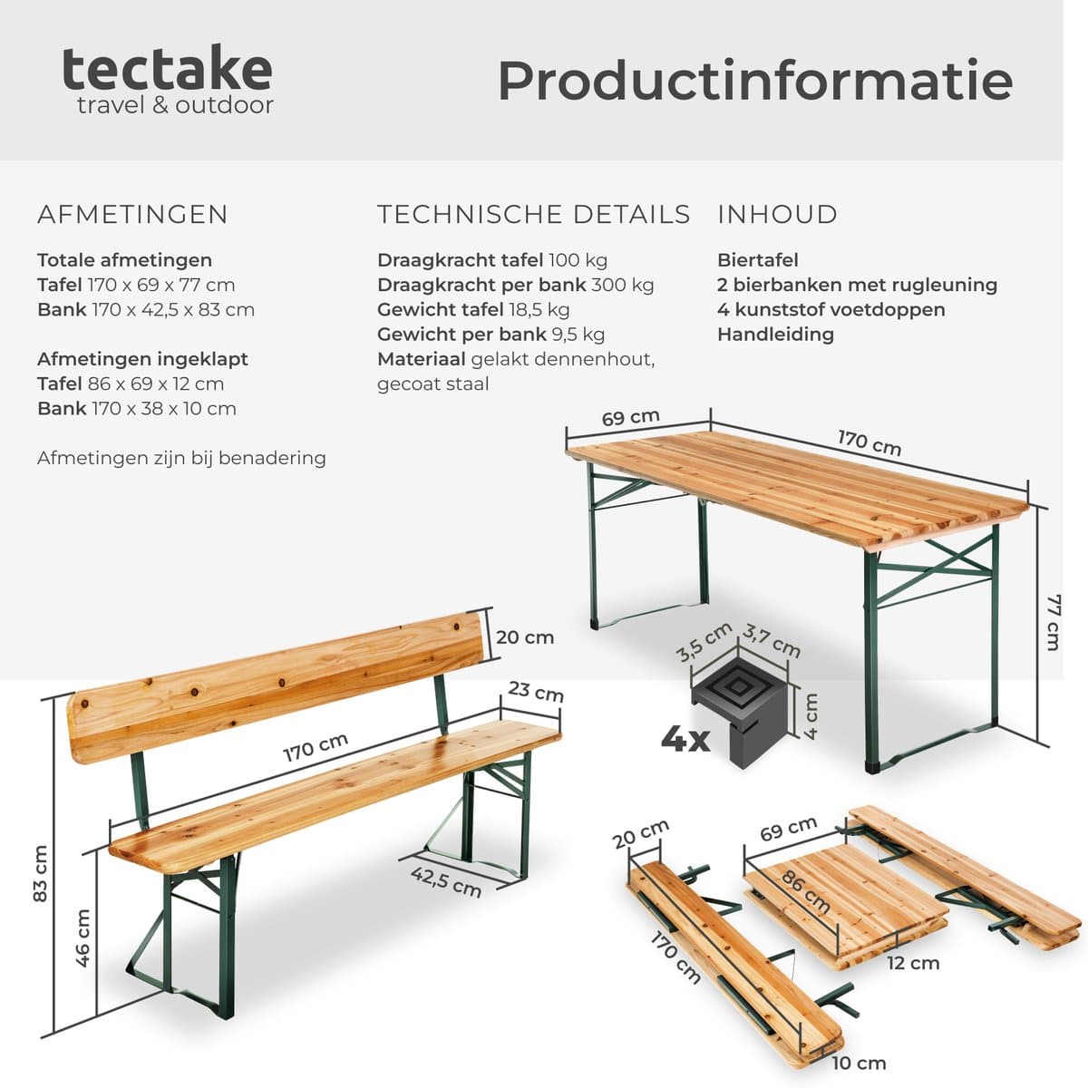 tectake® Biertafel met 2 Banken - 8 personen - 170 cm lang - 3-delige Biertafelset met Inklapbare Tafel en Banken met Rugleuningen - Tuintafel - Bierbank Oktoberfest thumbnail 6