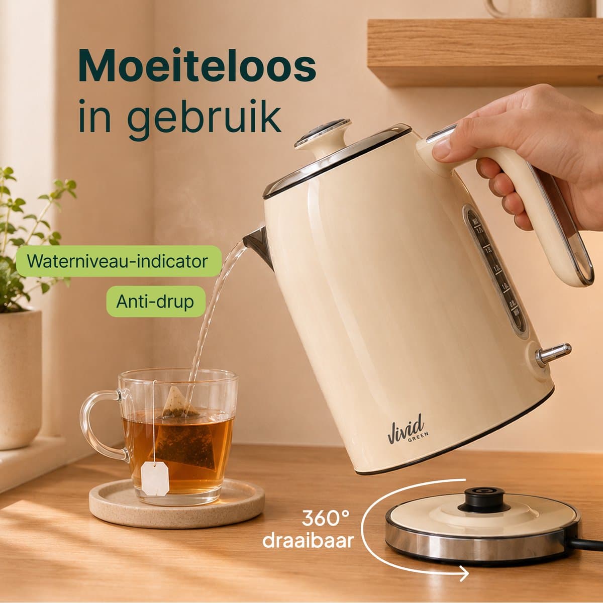Vivid Green Luxe Waterkoker 1.7L - Retro Design - 2200W - BPA-vrij - 360° - RVS - Creme thumbnail 7
