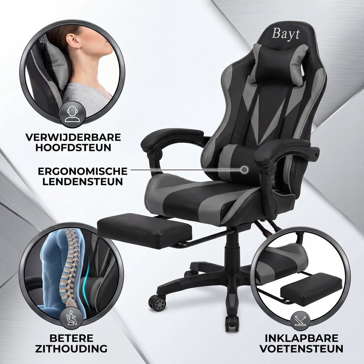 Bayt Gamestoel - Gaming Chair - Gamingstoel - Ergonomische Bureaustoel - Verstelbaar - Zwart en Grijs thumbnail 4