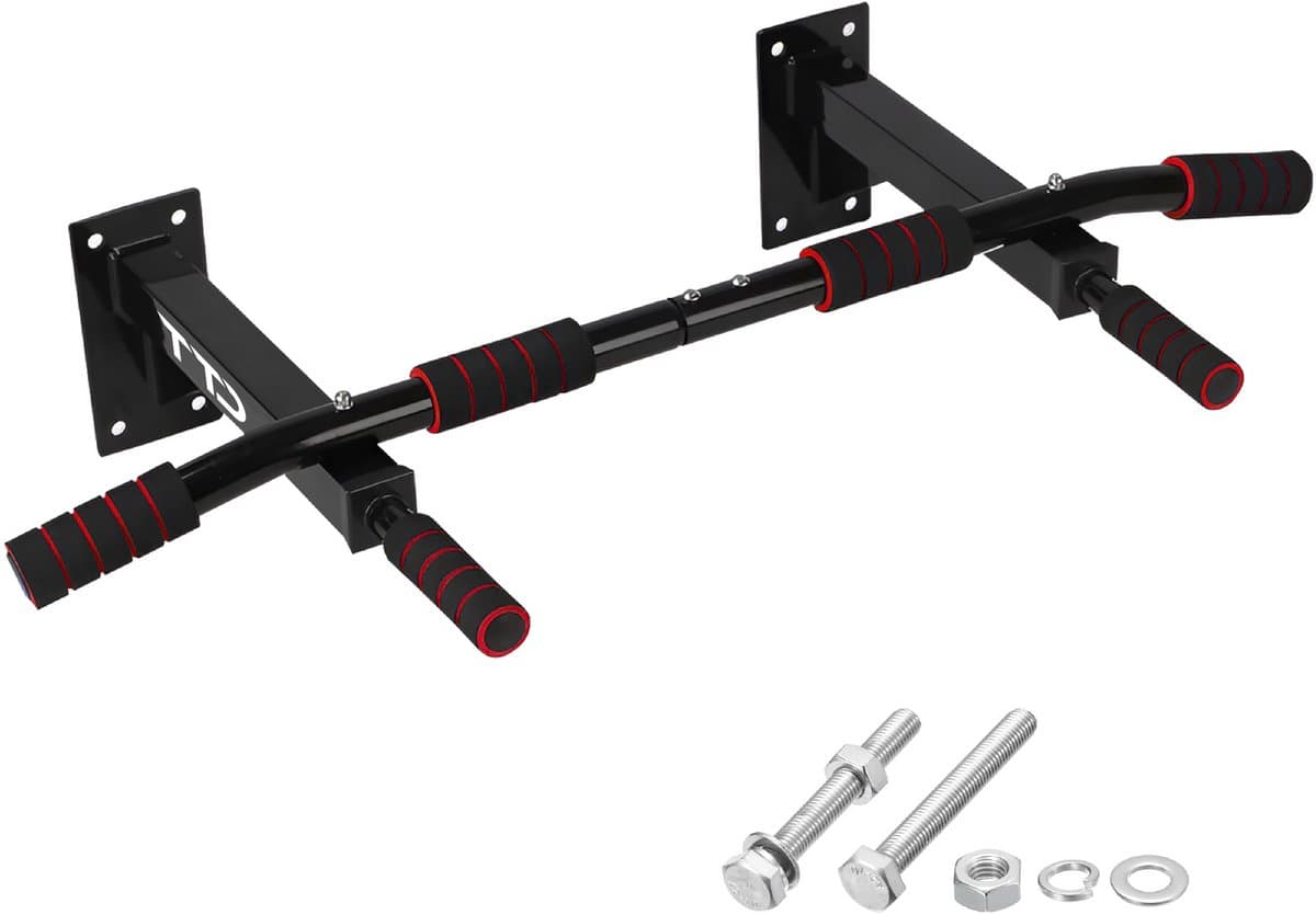 TTD® Premium Pull Up Bar - Pull Up Station - Optrekstang Wandmontage - Dip Station - Dip Bars - Thuis Sporten - Thuis Fitness - Premium materialen - Extra stevige montage onderdelen - Home workout - Zwart/Rood