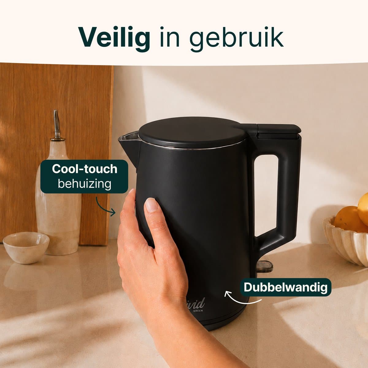 Vivid Green Waterkoker - 1.7L - Dubbelwandig - BPA-vrij - RVS - 2000W - Elektrisch - Zwart thumbnail 3