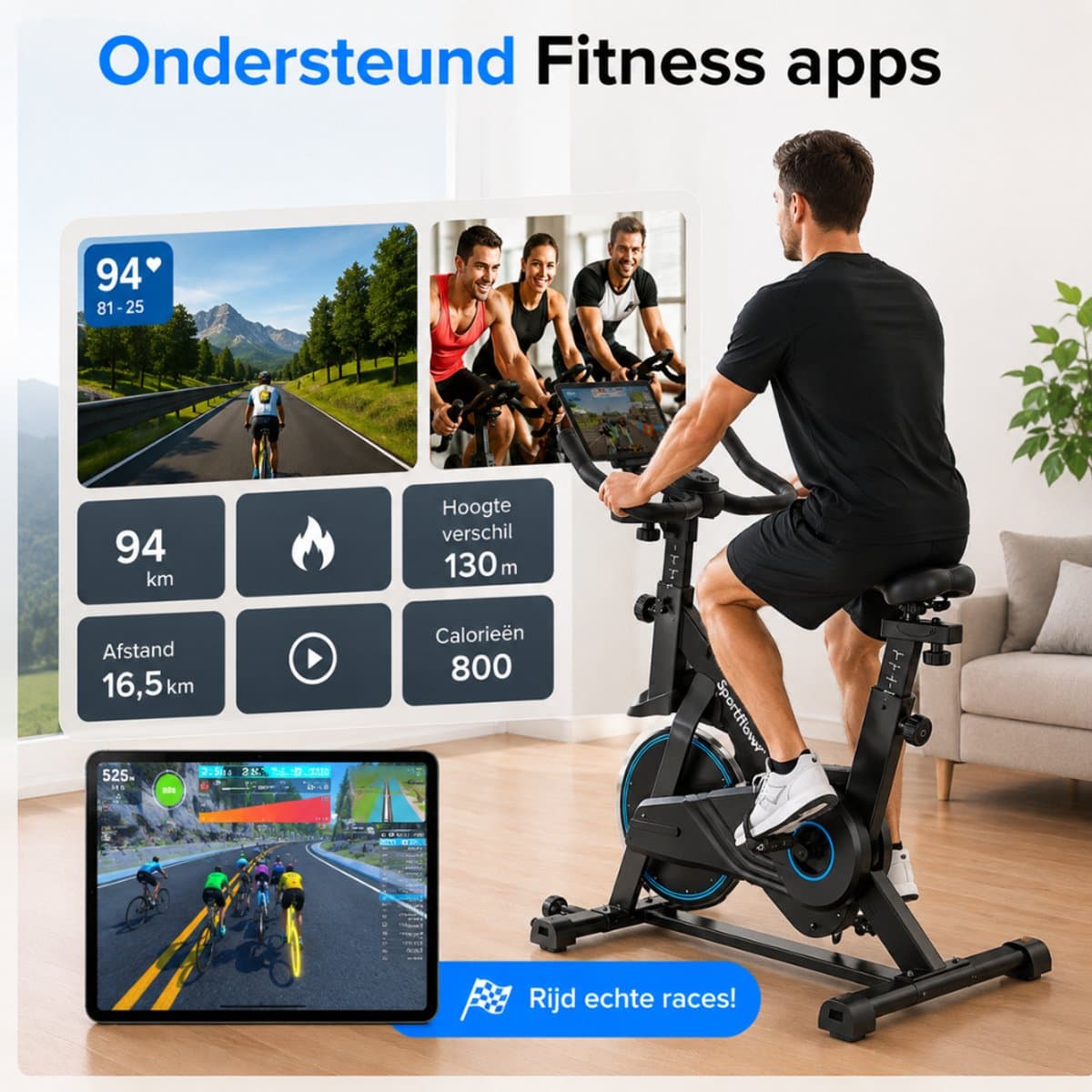 Sportfloww Hometrainer II - Fitness Fiets - Spinningfiets - 8KG Vliegwiel -Hartslagmeter - Incl App thumbnail 5