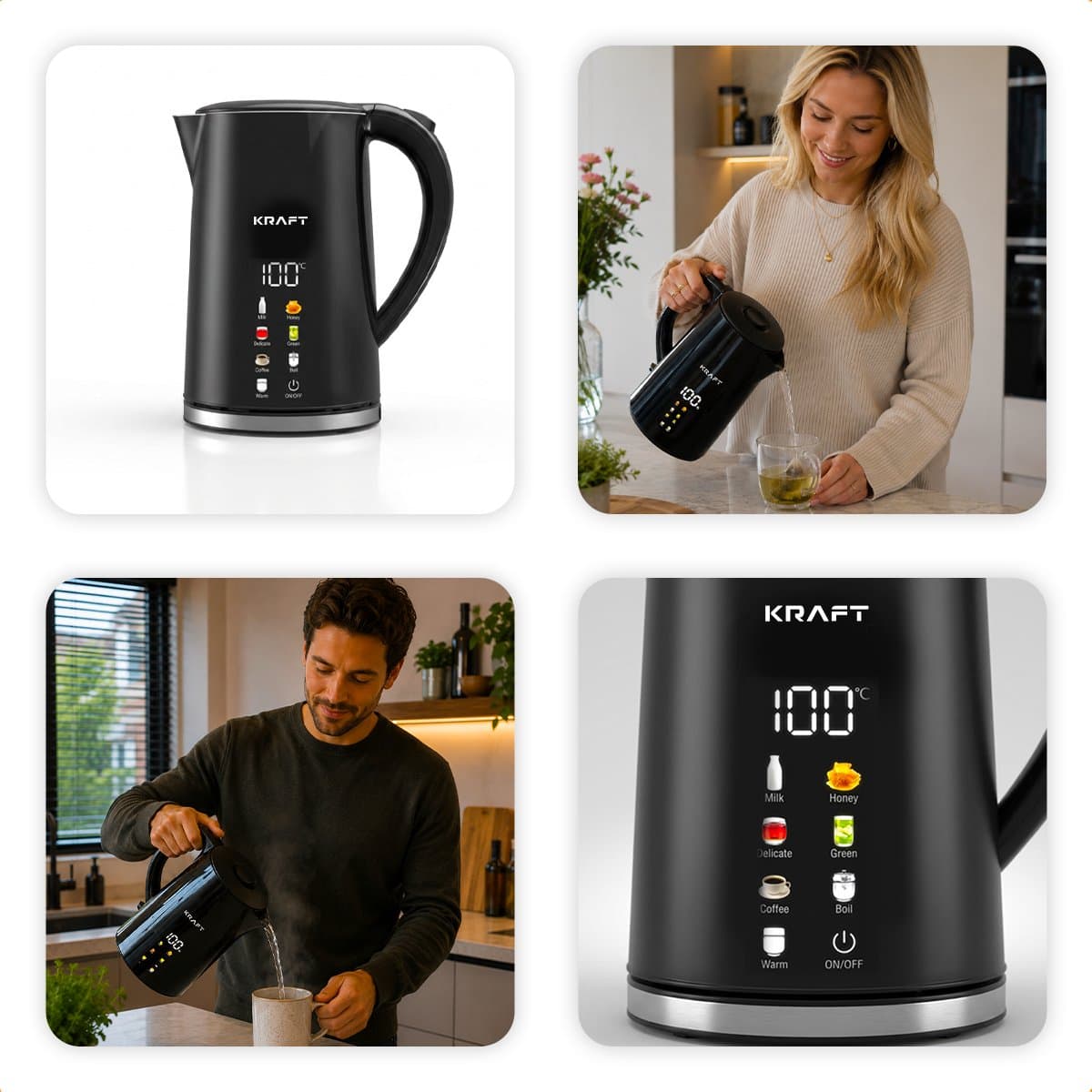 KRAFT Waterkoker met Temperatuurregeling - 1,7 Liter - LED Touch - Zwart - 2200W thumbnail 5