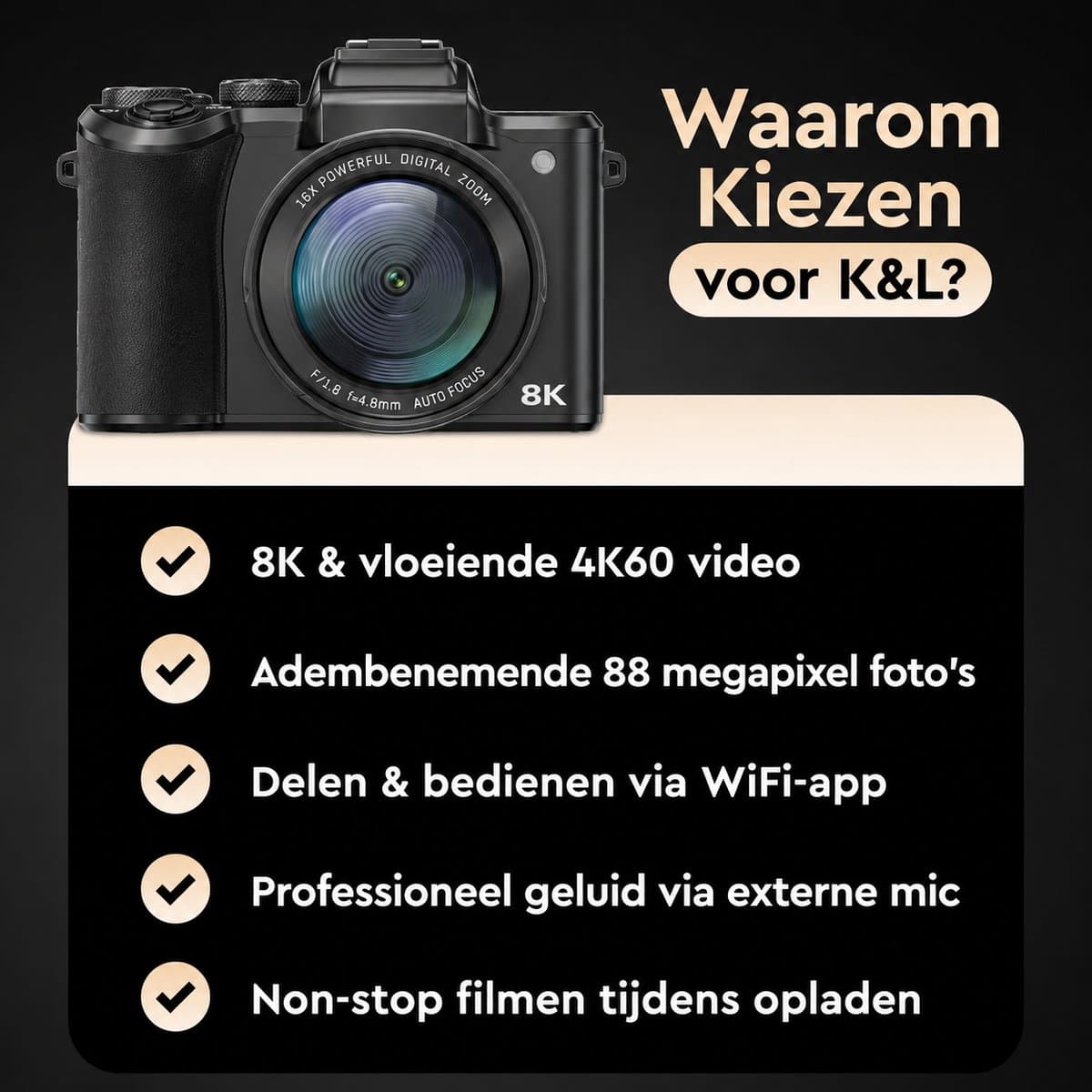 K&L Digitale Fotocamera 8K met WiFi - 88MP - 16 x Zoom - 64GB - 60FPS - HDR - Compact Camera - Vlog Camera thumbnail 8