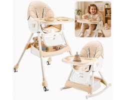 ComfyKidz® Inklapbare 4 in 1 Kinderstoel met Schommelfunctie - Voetensteun - Meegroeistoel met Opbergmand - Peuterstoel - Baby Eetstoel met Wieltjes - Beige