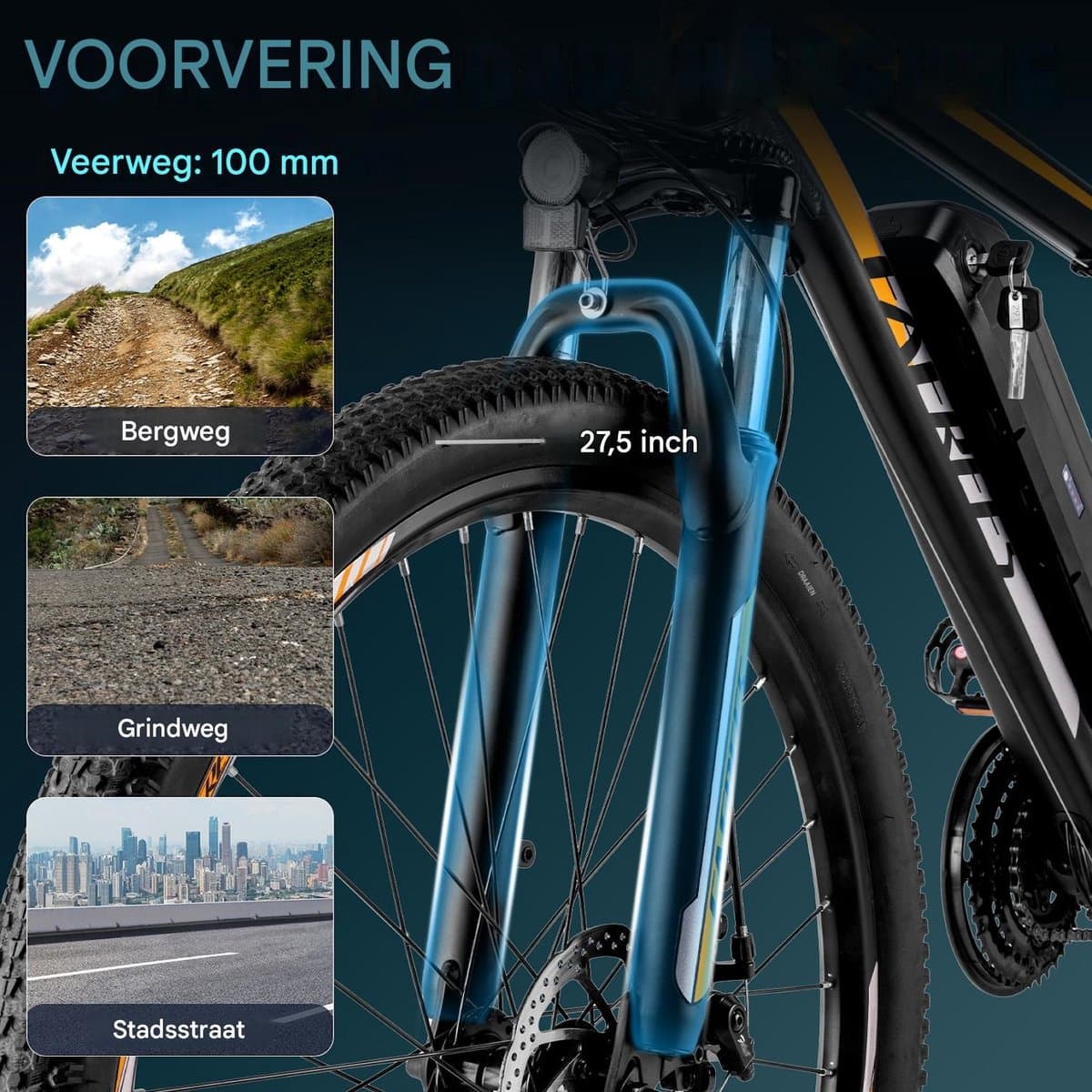 Fafrees 27,5 inch Elektrische Mountainbike - 250W Motor - Shimano 21 versnellingen - Mechanische Schijfremmen - Elektrische Fiets– Roestbestendige aluminiumlegering – 15AH –IPX4 Stadsfiets –Trekkingfiets –Blauw thumbnail 3