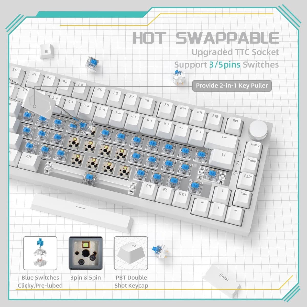 Ajazz AK820 – Mechanisch Toetsenbord 75% – Bedraad USB-C Gaming Keyboard – Hot Swap – Compact QWERTY – 82 Keys – Wit thumbnail 5