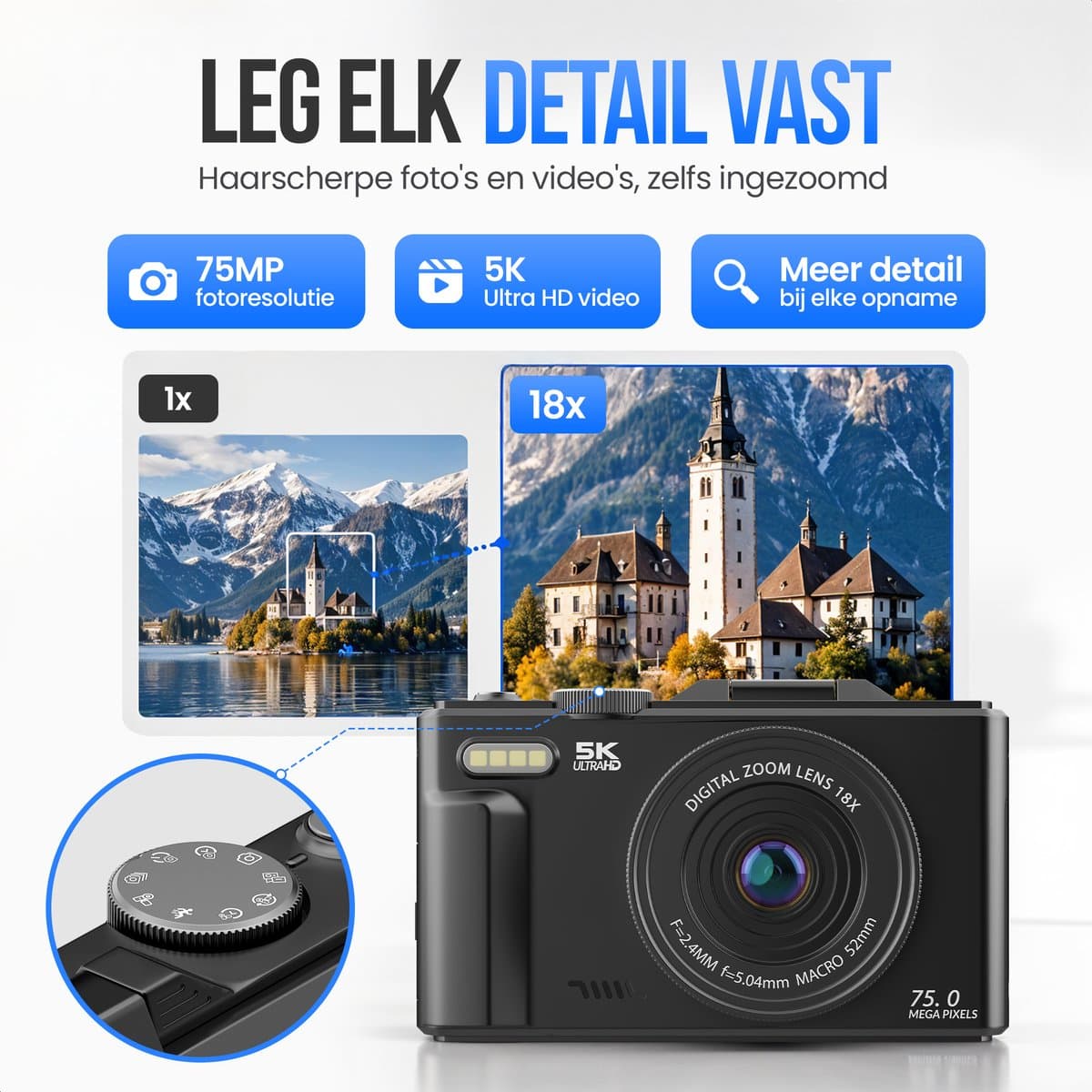 Strex Digitale Camera 5K 75MP - Fototoestel - Compactcamera met Wifi - Vlog Camera - Fotocamera voor Kinderen - 18x Zoom - Draaibaar Scherm - Zwart thumbnail 5