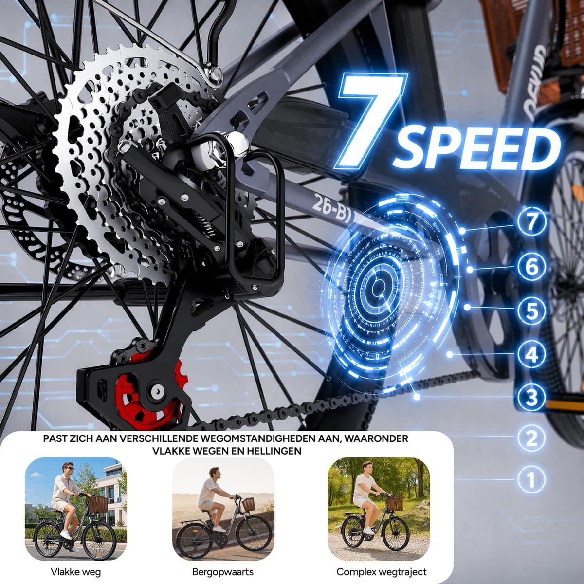 Qekud Elektrische Fiets - 26 Inch E-bike - 36V 13Ah Uitneembare Accu - Actieradius 80 km - Shimano 7 Versnellingen - Schijfremmen - Verlichting- Ideaal voor Woon-werkverkeer thumbnail 5
