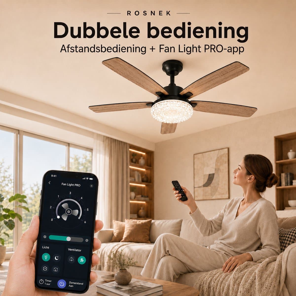 MUPOO Walnoot Plafondventilator met Lamp Ø132 cm -plafondventilator met verlichting met Afstandsbediening - Stille DC Motor & 6 Snelheden-zomer- en winterstand-ventilator lamp plafond met Dubbelzijdige bladen Voor Woonkamer, Slaapkamer en veranda thumbnail 5