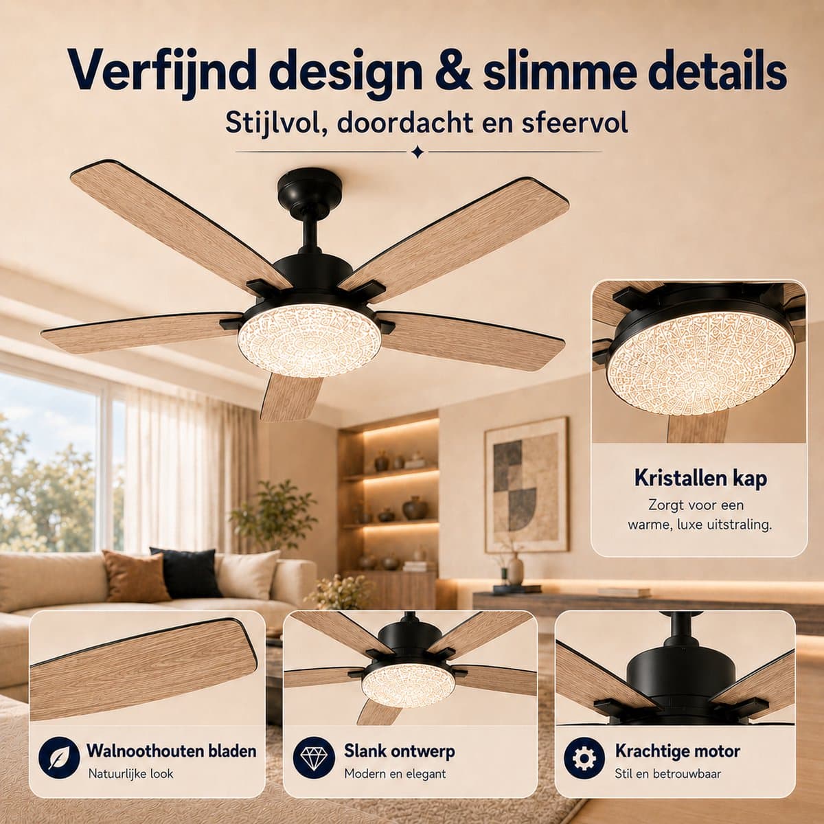 MUPOO Walnoot Plafondventilator met Lamp Ø132 cm -plafondventilator met verlichting met Afstandsbediening - Stille DC Motor & 6 Snelheden-zomer- en winterstand-ventilator lamp plafond met Dubbelzijdige bladen Voor Woonkamer, Slaapkamer en veranda thumbnail 4