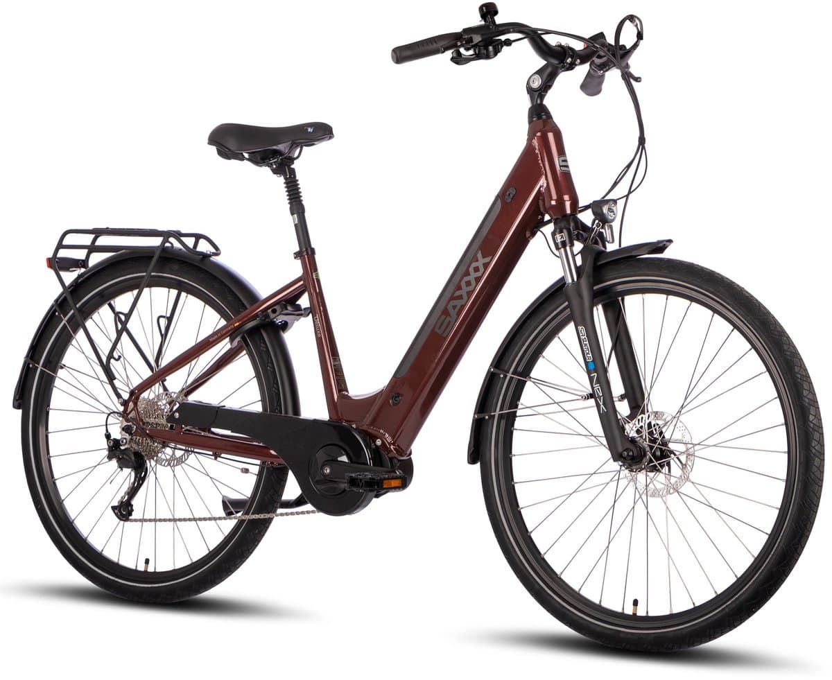 SAXXX Deluxe Sport Elektrische Fiets - 28 inch E-Bike - 250W Middenmotor - 70Nm Koppel - 418Wh Geïntegreerde Accu - Shimano Alivio 9 Versnellingen - Shimano MT200 Hydraulische Schijfremmen - glanzend bordeauxrood