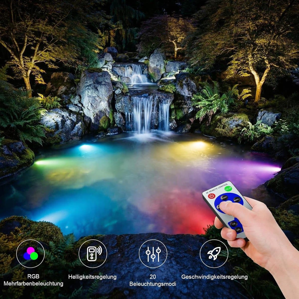 POPOSOAP RGB-onderwaterverlichting voor vijvers met timer, 20 dimbare kleuren, IP68-waterdichte dompelbare LED-fonteinverlichting, afstandsbediening, voor vijvers, aquaria, tuinen en zwembaden (4-in-1) [Energieklasse C] thumbnail 7