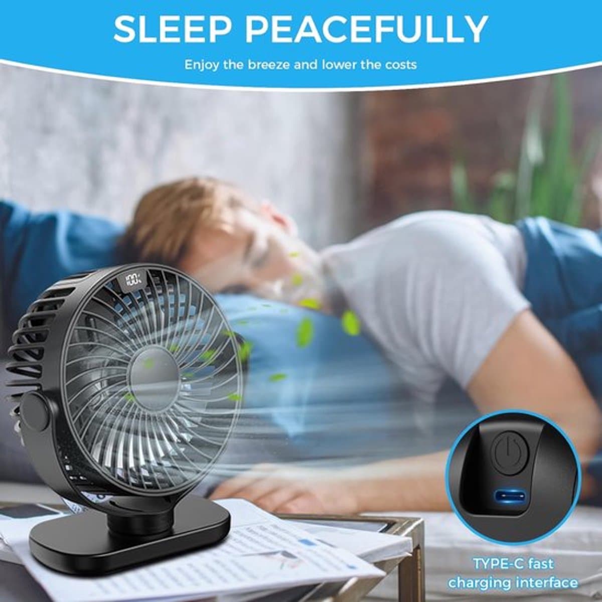 Solvix tafel ventilator geluidloos - Bureauventilator - USB - 4 Snelheden - LED Display - Voor Thuis en Kantoor thumbnail 3