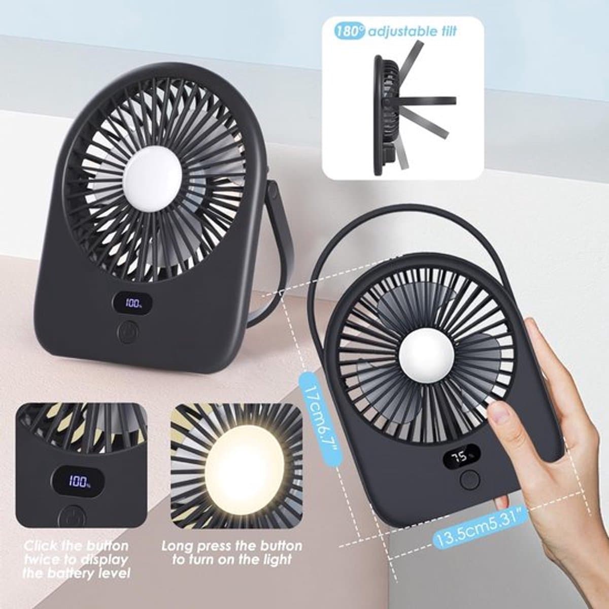 Solvix tafel ventilator geluidloos - Draagbare Tafelventilator - Donkergroen - Oplaadbare 1200mAh Batterij - 5 Snelheden - Voor Kantoor, Thuis en Kamperen thumbnail 5