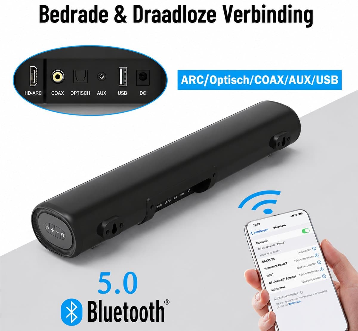Mini soundbar - soundbar voor tv - computer-soundbar met Bluetooth 5.0 - bekabelde en draadloze pc-luidspreker - home-audiosysteem voor thuisbioscoop/gaming/projectoren thumbnail 5