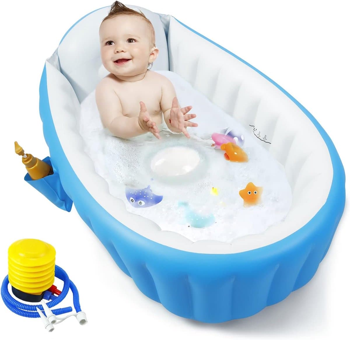 Peuter zwembad met glijbaan Opblaasbare babybadkuip draagbare reisbabybadkuip voor baby's luchtpomp opvouwbaar antislip douchebak mini-luchtzwembad voor pasgeborenen blauw Peuter zwembad met glijbaan thumbnail 8