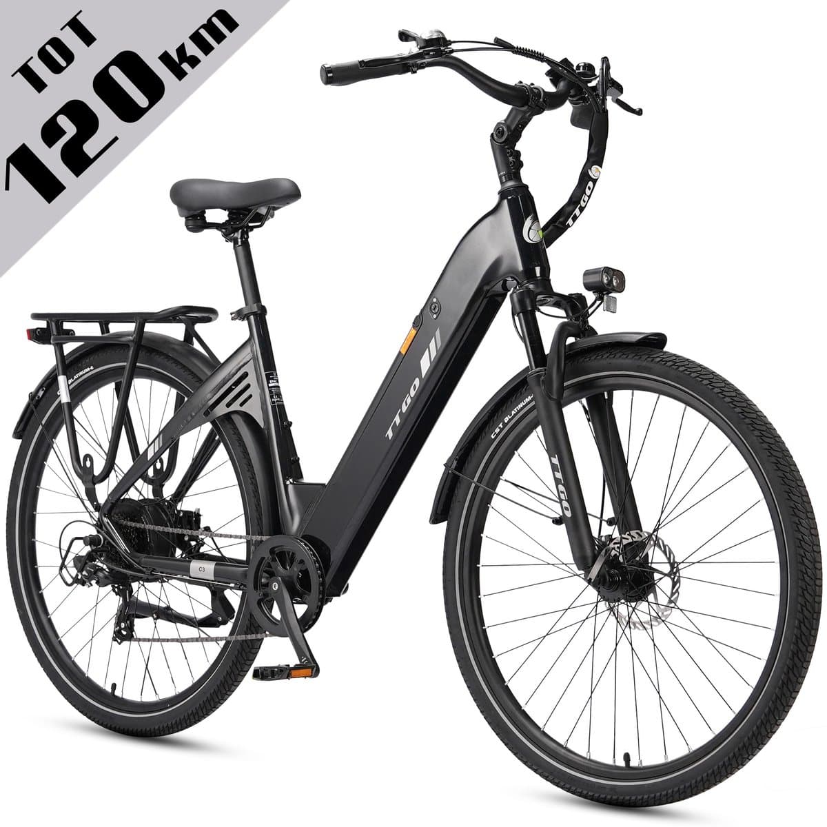 Elektrische Fiets TTGO C3 - 36V 18AH Accu - Actieradius Tot 120 Km - 28×2.0 Inch Wielen - Aluminium Lage Instapframe - Shimano 7 Versnellingen - Mechanische Schijfremmen - LCD Display - Elektrische Stadsfiets - Zwart