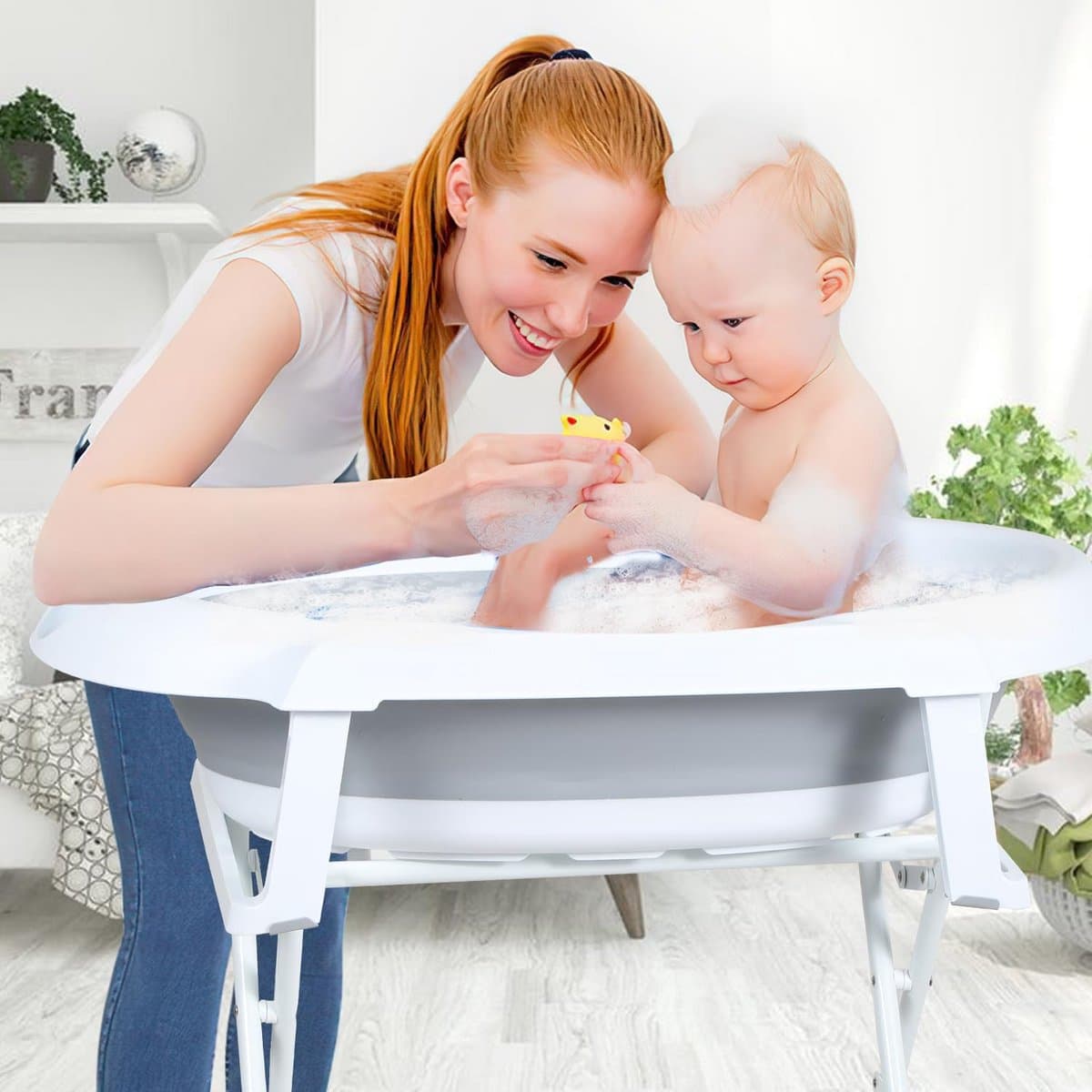 Opvouwbare babybadkuip - Badje met standaard - Baby badderen - Inclusief badmat - 85 x 47 x 82 cm - Grijs thumbnail 4