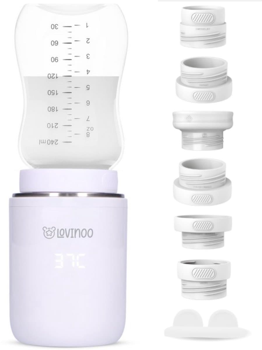 Lovinoo Flessenwarmer Onderweg - Draagbare Draadloze Baby Flessenwarmer - Flesverwarmer - 4 Temperatuurniveaus - USB Oplaadbaar - Incl. 6 Adapters - 13.200 mAh - Wit