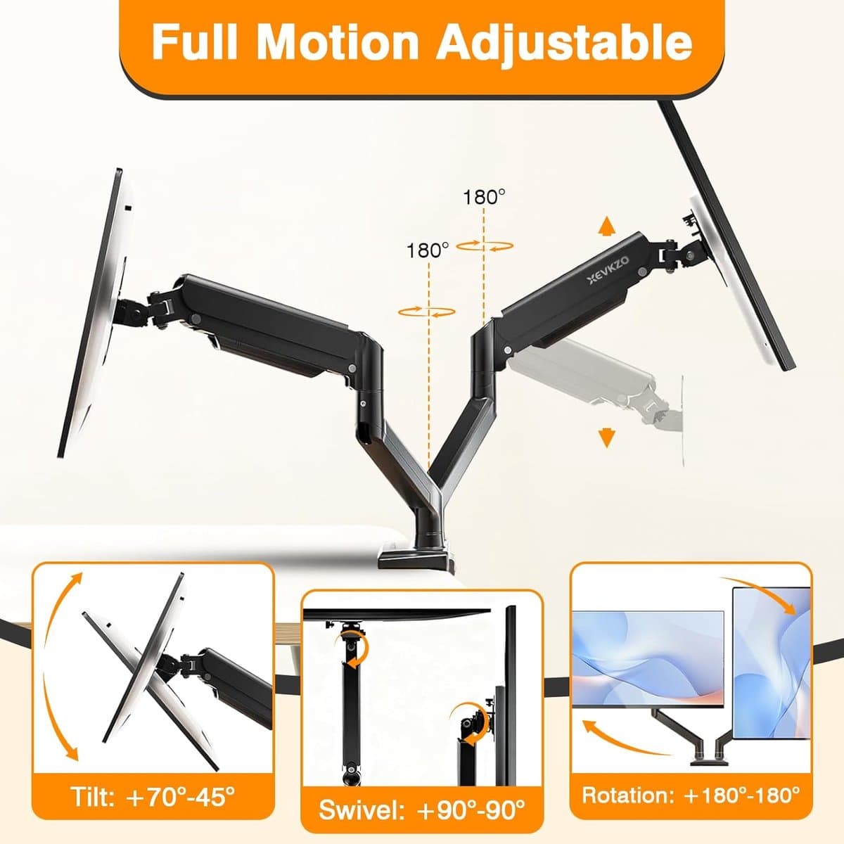 Dubbele monitorarmen, gasveer monitorarmen voor 2 monitoren tot 34 inch gebogen/plat, 22 lbs per arm, VESA-montage 75x75 100x100mm, C-klem en doorvoerbasis, verstelbare kantel/draaibaar/rotatie thumbnail 3