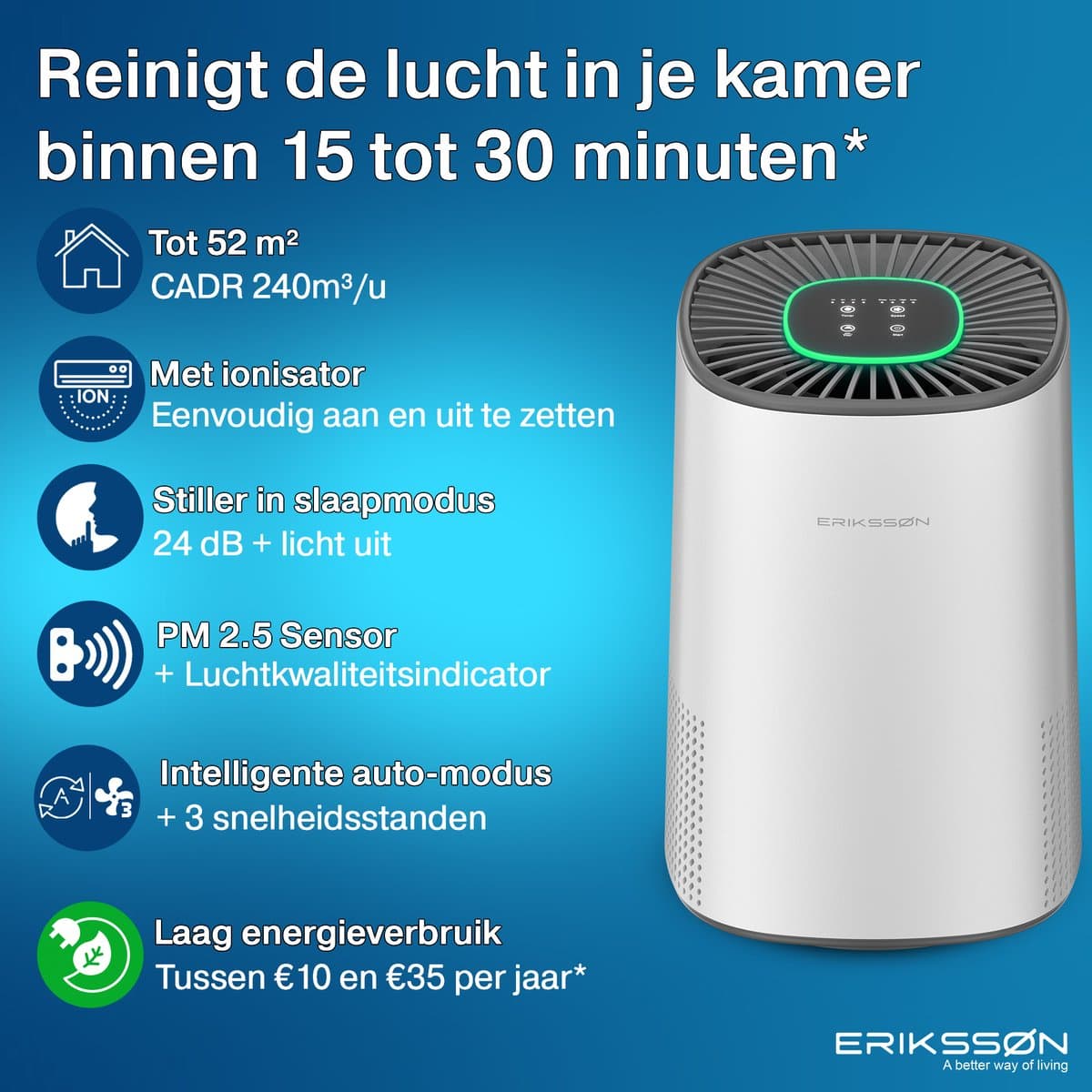Erikssøn Luchtreiniger Elite - HEPA-14 Filter - Wit - 240 m3/u - Vermindert Stof En Pollen - Met Hepa Filter - Met Ionisator - Air Purifier - Clean Air thumbnail 2