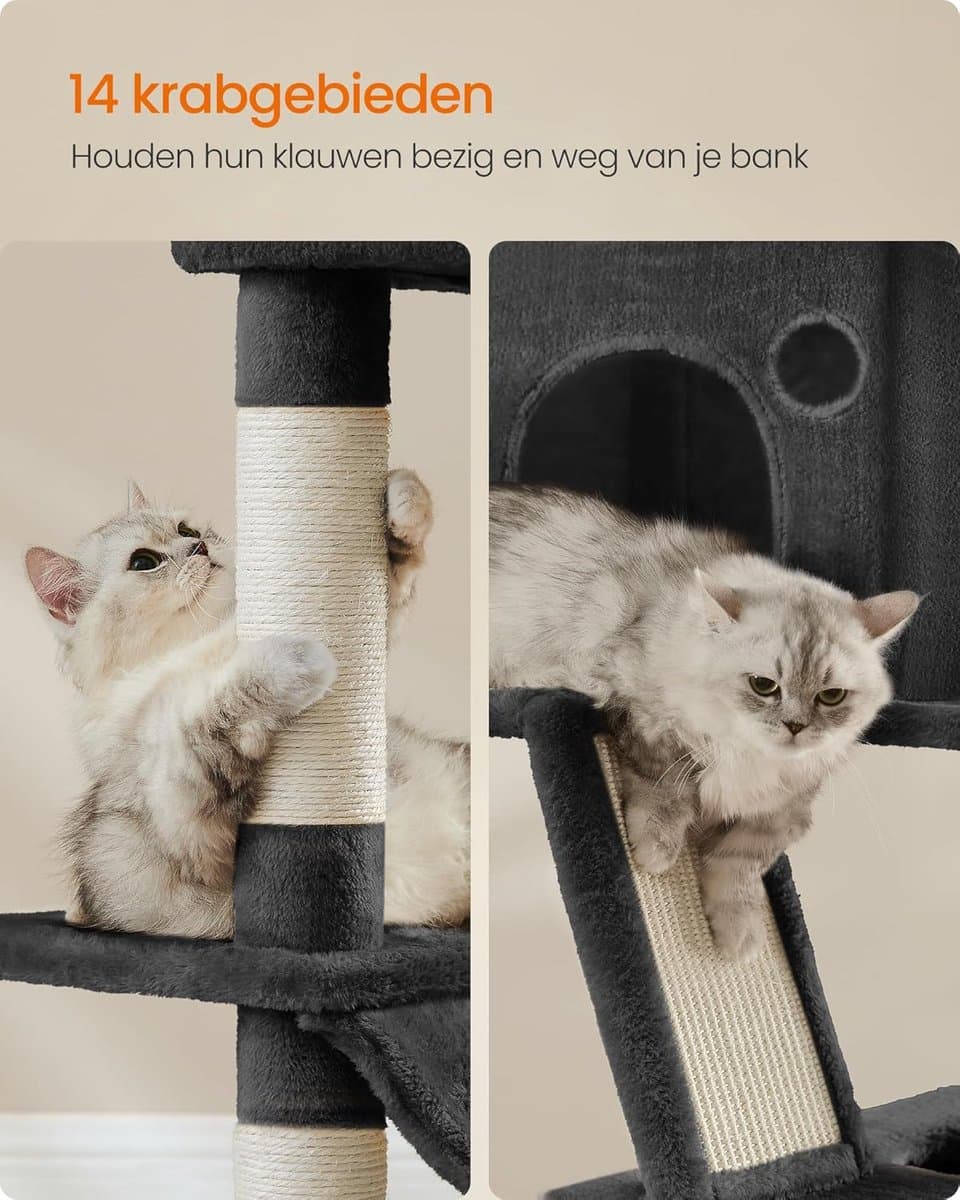 Feandrea krabpaal groot, 206 cm hoog, XXL krabpaal, met 13 krabpalen, 2 platformen, 2 grotten, mand, hangmat, pluche ballen, multi-stapel kattenkrabpaal, inkt zwart PCT190B01 thumbnail 4