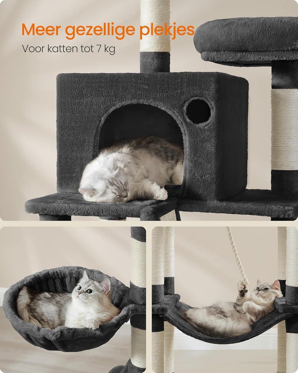 Feandrea krabpaal groot, 206 cm hoog, XXL krabpaal, met 13 krabpalen, 2 platformen, 2 grotten, mand, hangmat, pluche ballen, multi-stapel kattenkrabpaal, inkt zwart PCT190B01 thumbnail 3