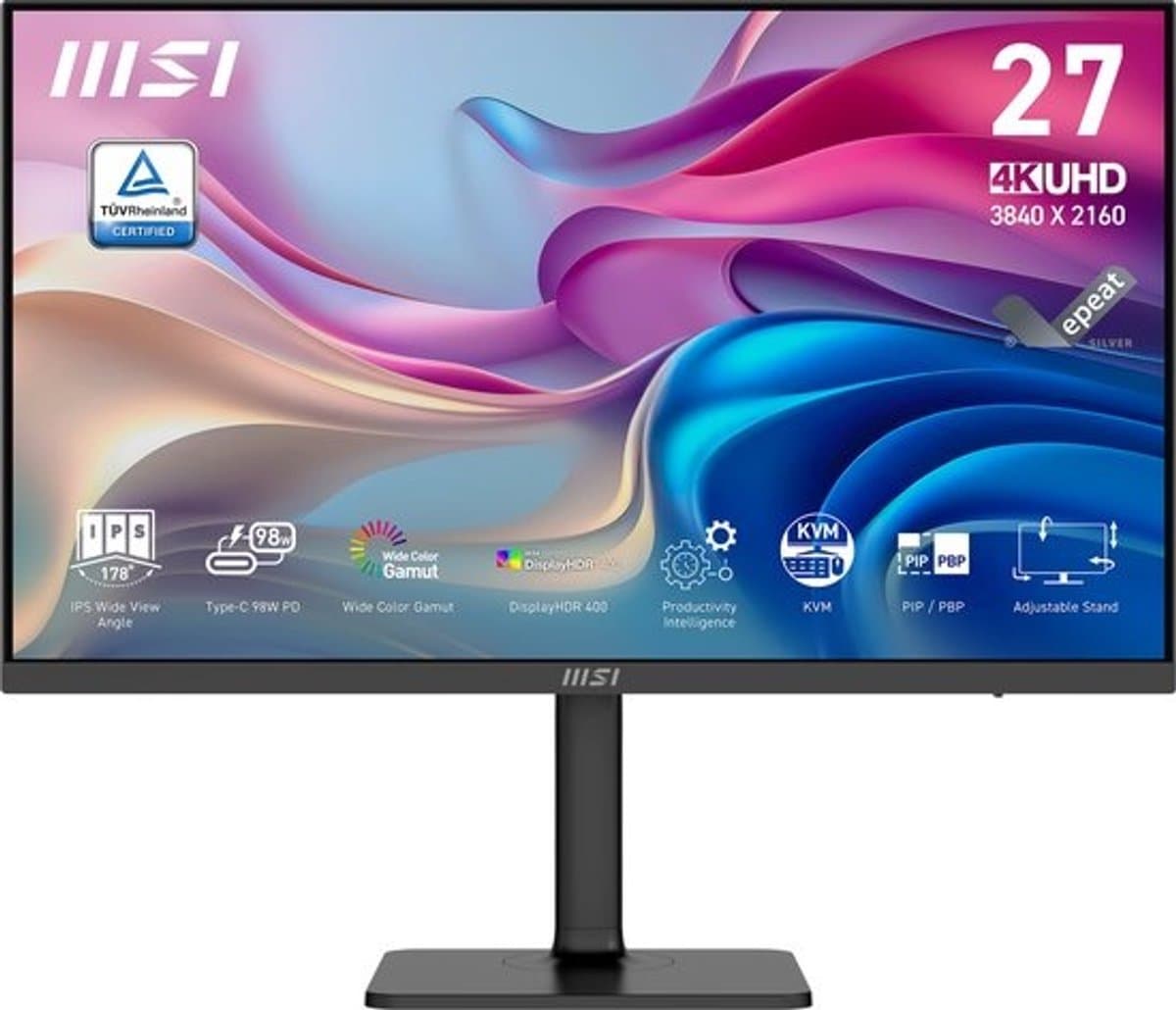 MSI Modern MD272UPHG - 4K UHD Monitor - 60Hz - 27 Inch - HDR 400 - KVM Switch - USB Type-C PD 98W - 4 Way Adjustable thumbnail 7
