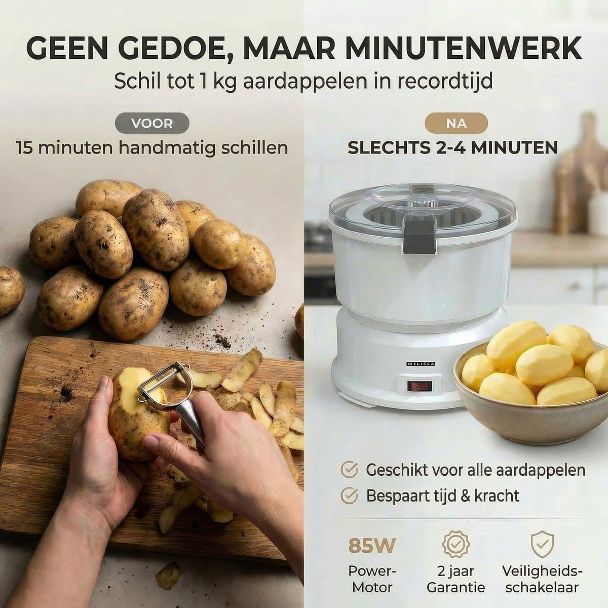 Melissa Elektrische Aardappelschiller - 85W - Aardappelschrapmachine met slacentrifuge - 16220008 - Wit thumbnail 6