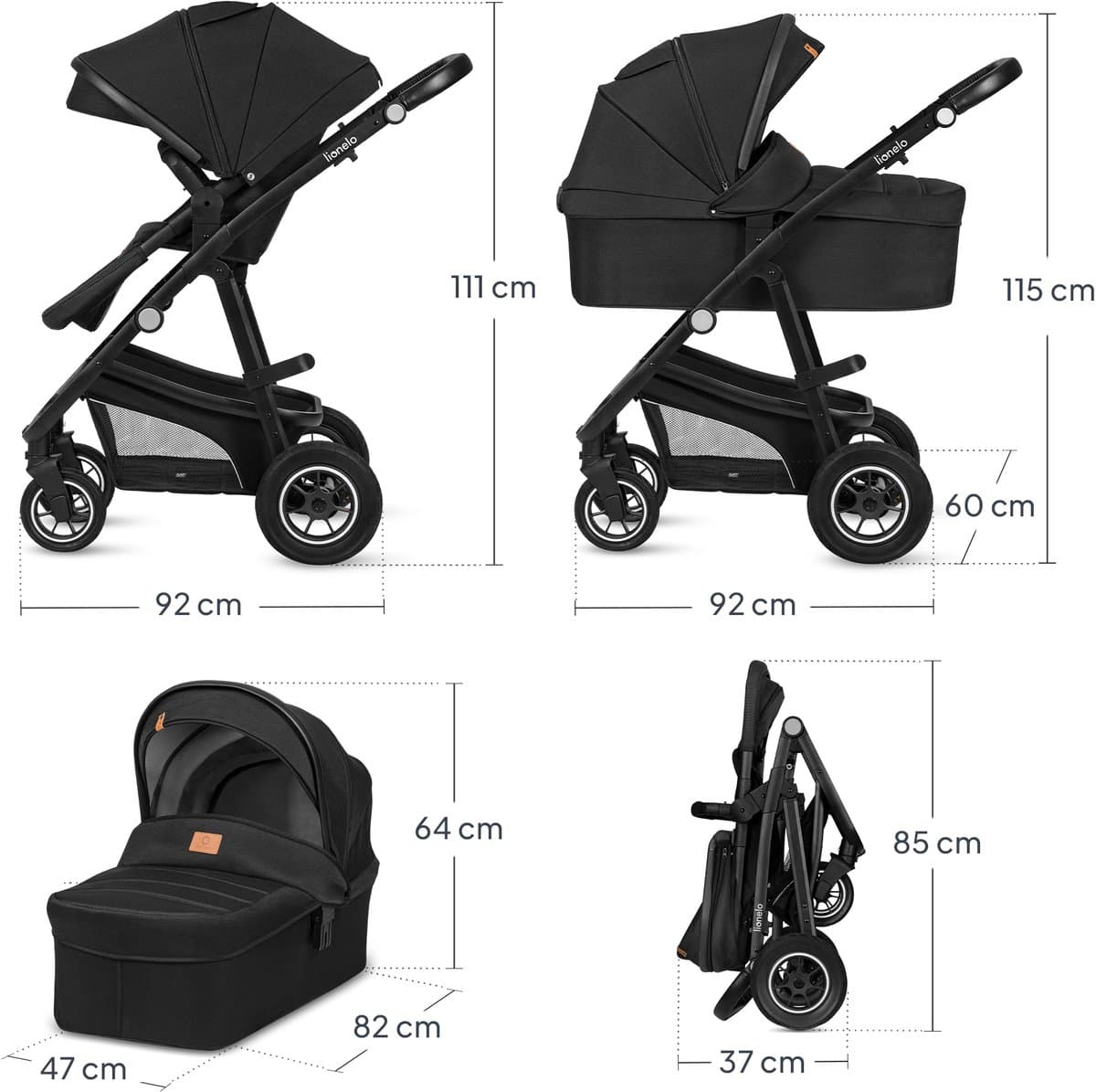 Lionelo Bianka Kinderwagen 3 in 1 - Reiswieg + Wandelwagen + Autostoel - Grote Luchtbanden, Volledige Vering - Inklapbaar - Verstelbare duwstang - Buggy Omkeerbare Zitting - 0-22kg - Accessoireset - Zwart thumbnail 2