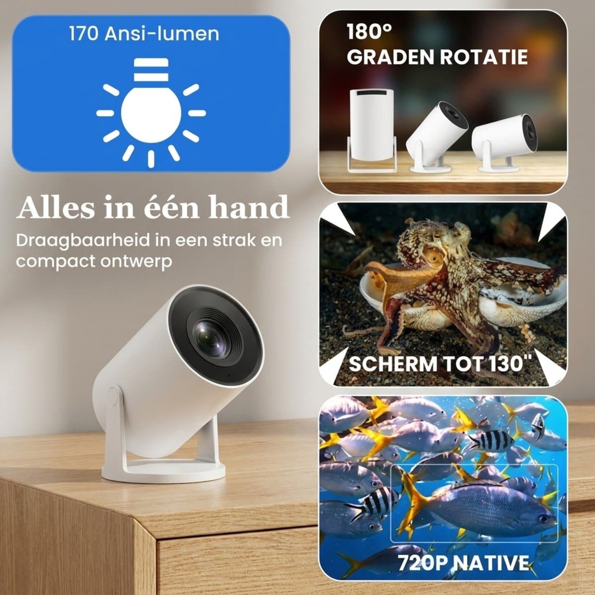 AFINTEK Smart Mini Beamer - Android 11 - 4K Ondersteuning - Netflix & YouTube - Automatische Keystone Correctie - WiFi & Bluetooth - Ingebouwde Chromecast - Wit thumbnail 7