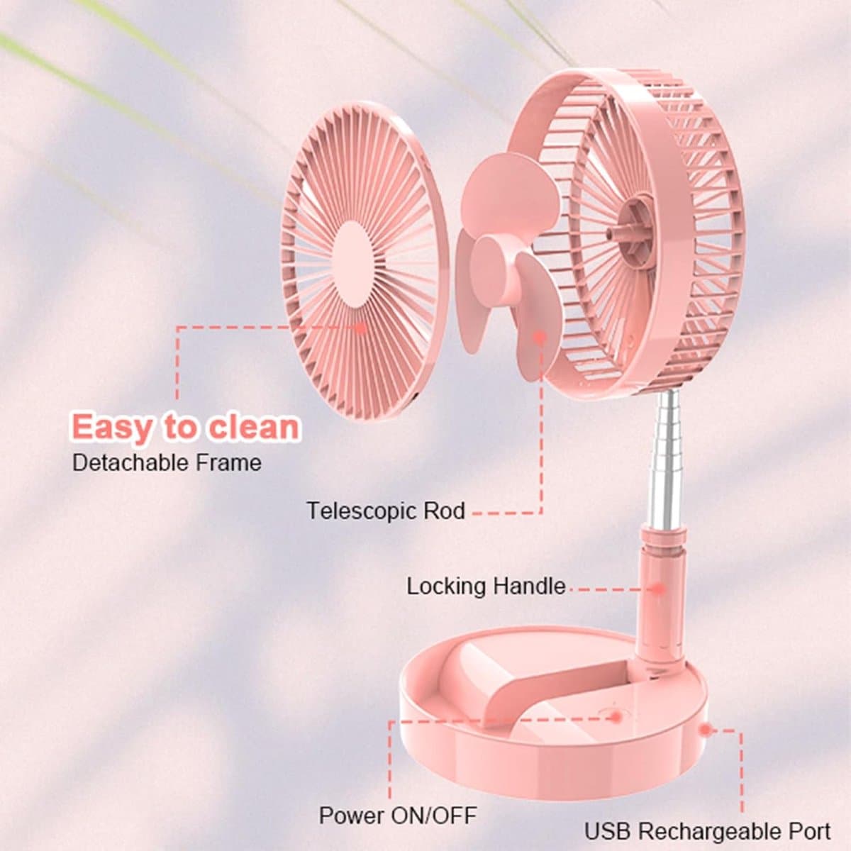 Statiefventilator-vloerventilator-tafel ventilator geluidloos-Opvouwbare tafelventilator met voet - Verstelbare hoogte, 3600mAh oplaadbaar, draagbaar, stil, opvouwbaar - Roze - 20x20x10,5 cm thumbnail 2