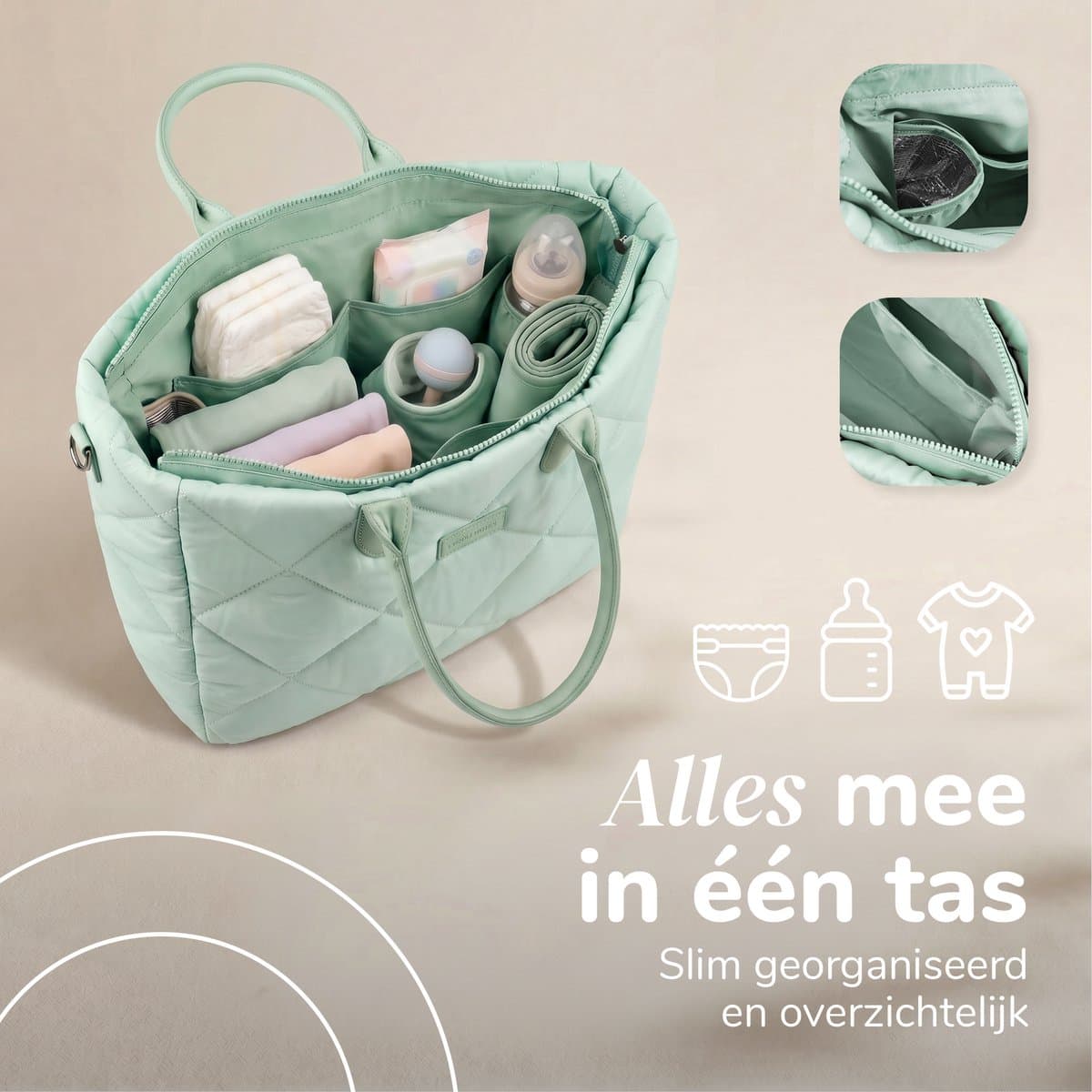 Mommsy Luiertas – Verzorgingstas – Mom Bag – Thermo Vak – Gewatteerde Puffer Stof – Mommy Bag – Extra Ruim – Waterafstotend – Organizer – Lichtgewicht – Groen thumbnail 3