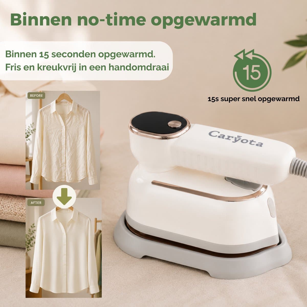 Caryota Stoomstrijkijzer 2in1 - Mini Strijkijzer - 3 Stoomstanden - Reis Strijkijzer - Kledingstomer - 1400W - 15s warm - 180° Roteerbare Stoomkop - LCD - Steamer - 650g thumbnail 6