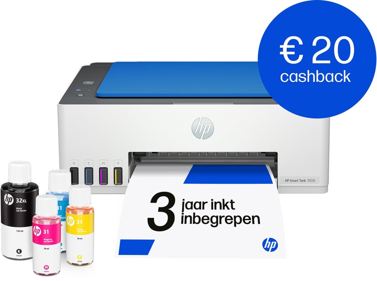 HP Smart Tank 5109 – All-in-One Kleurenprinter – Inkjet Tankprinter – Wifi & AirPrint – Tot 3 Jaar Printen – Printen, Scannen, Kopiëren – Zonder Cartridges