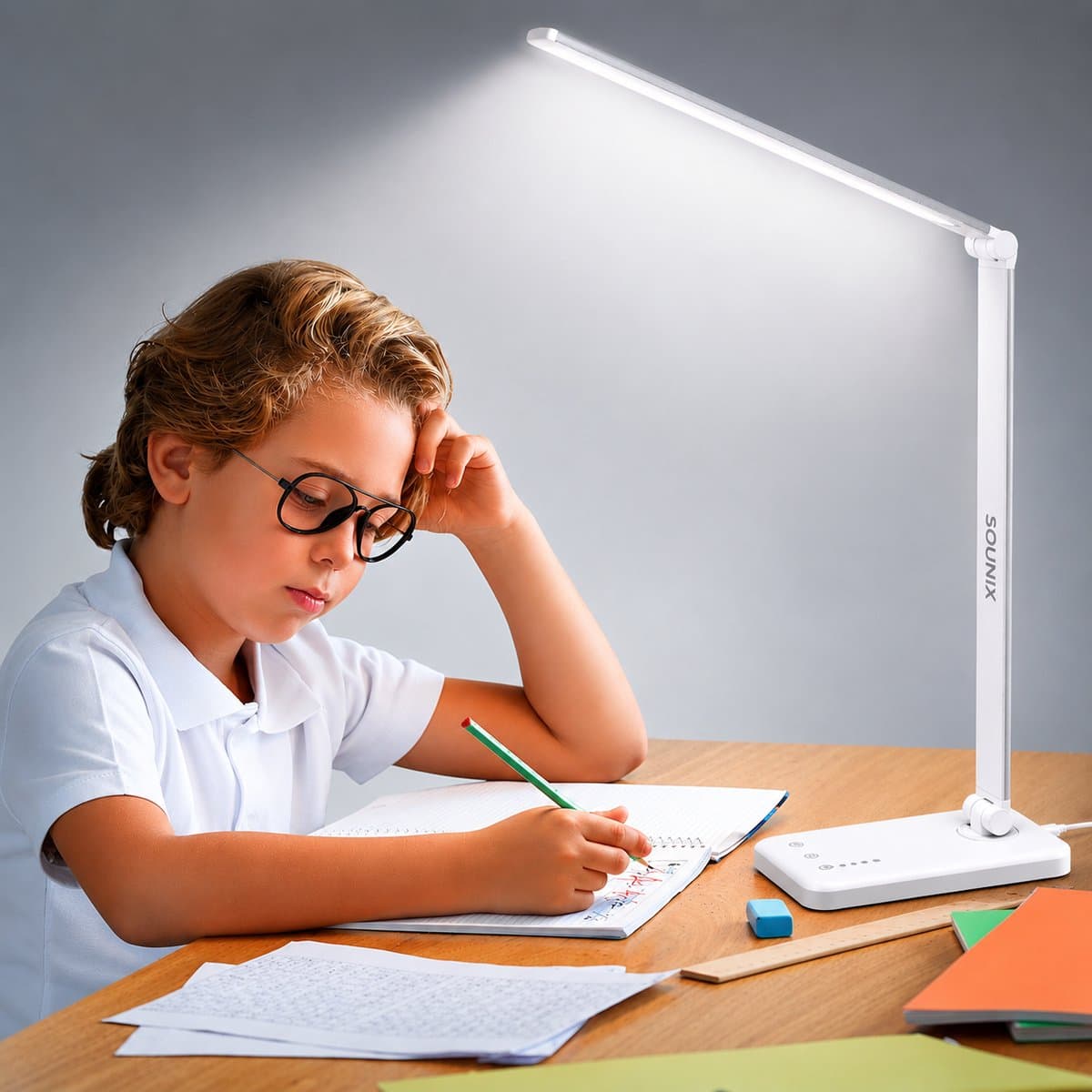 Sounix LED Bureaulamp Oplaadbaar - 5 Lichtkleuren - Dimbare Tafellamp met USB-Oplaadpoort - Oogvriendelijke Leeslamp voor Kantoor, Studie en Slaapkamer - Wit thumbnail 7