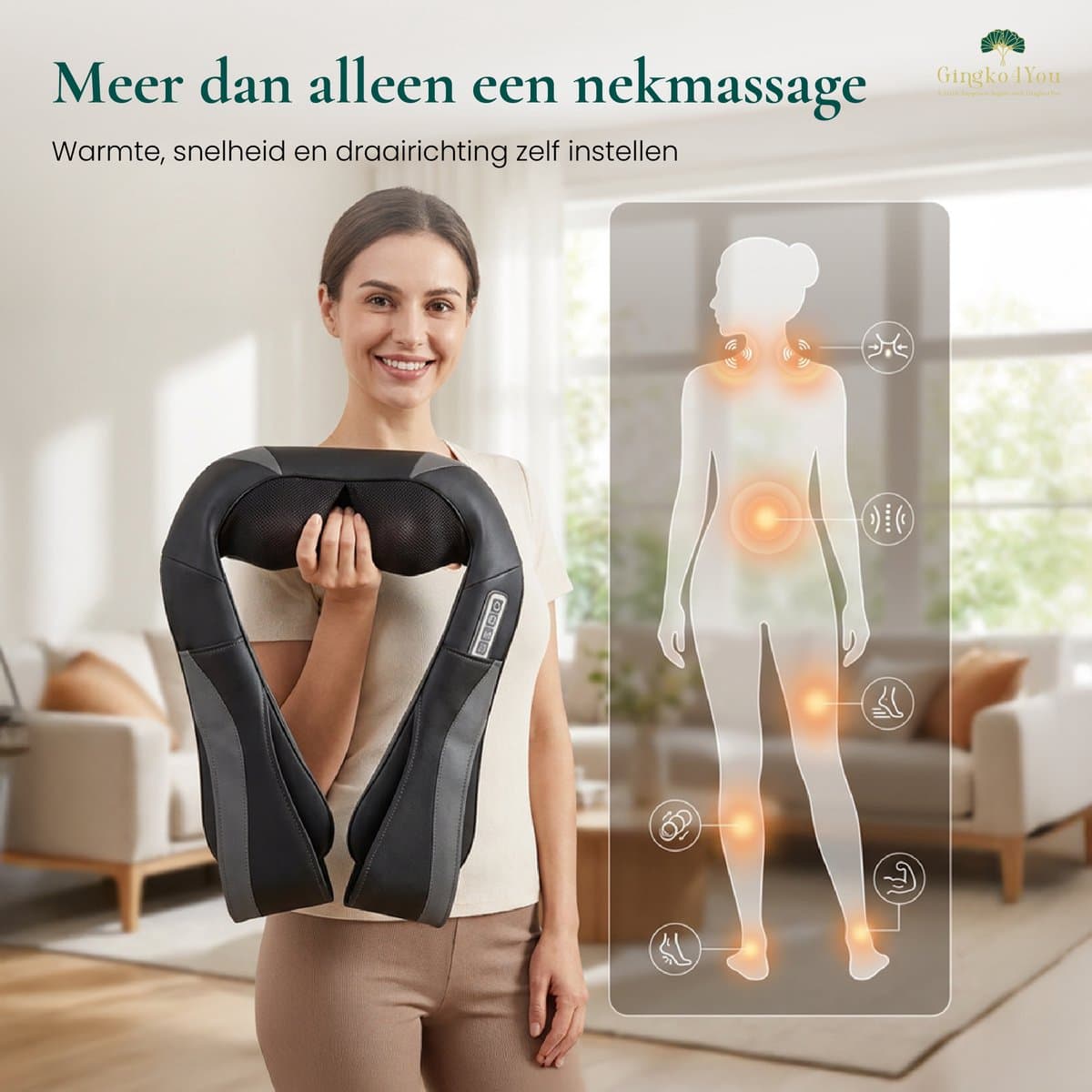 Gingko® Zen Shiatsu Massagekussen - Nekmassage Apparaat Draadloos - Infrarood Warmtefunctie - Elektrisch - Rugmassage Apparaten voor Nek, Schouder, benen, voeten, buik - 8 Massagekoppen met Infrarood - 1,5 uur gebruik - Luxe Opbergtas - Zwart/Grijs thumbnail 4