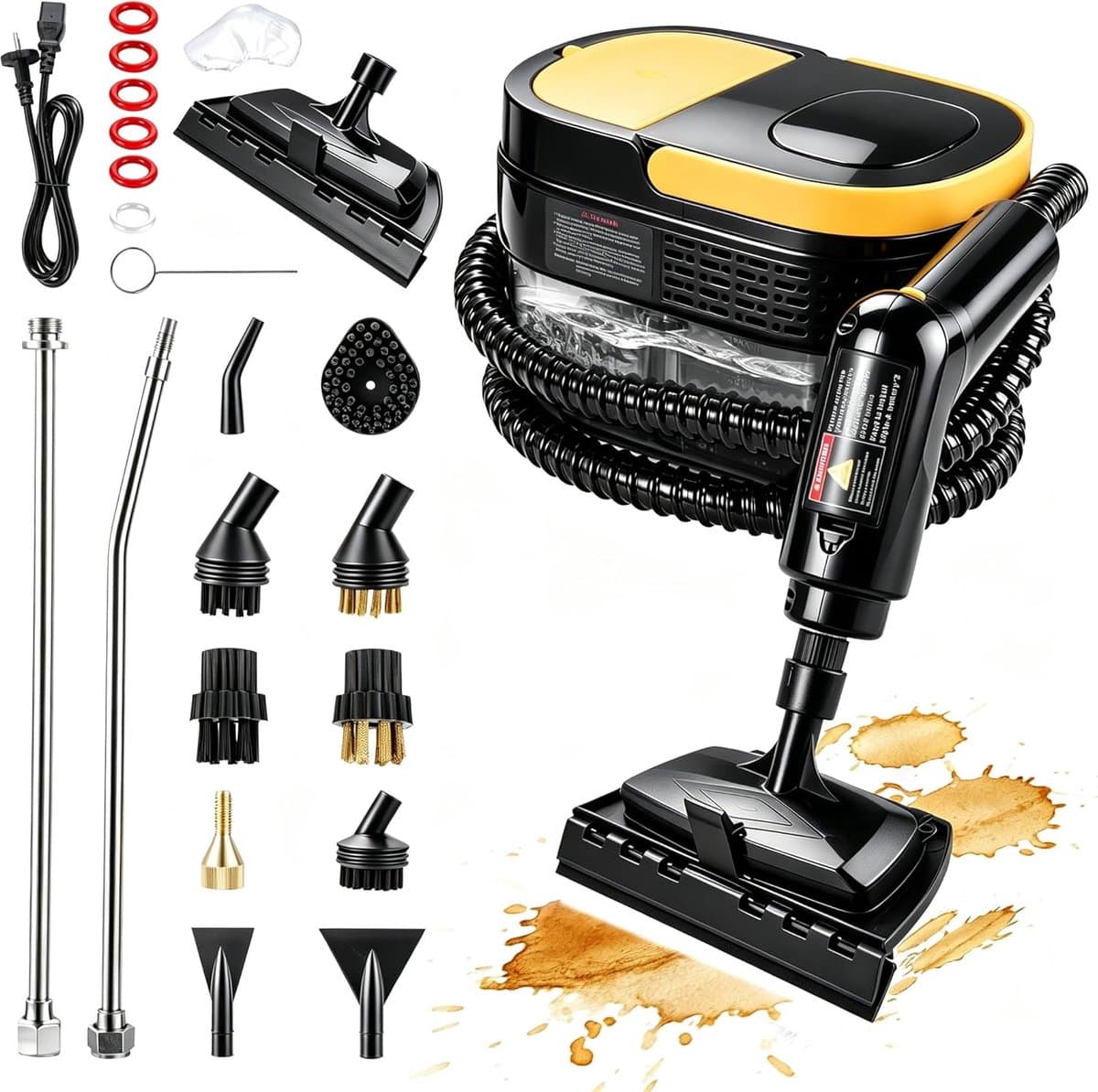 Stoomreiniger, handapparaat met 14 accessoires, 2500 W, multifunctionele stoomreiniger, stoomdruk 3 bar, opwarmtijd 15 s, 1600 ml tank, handstoomreiniger voor alle vloeren, ramen, banken, voegen, auto