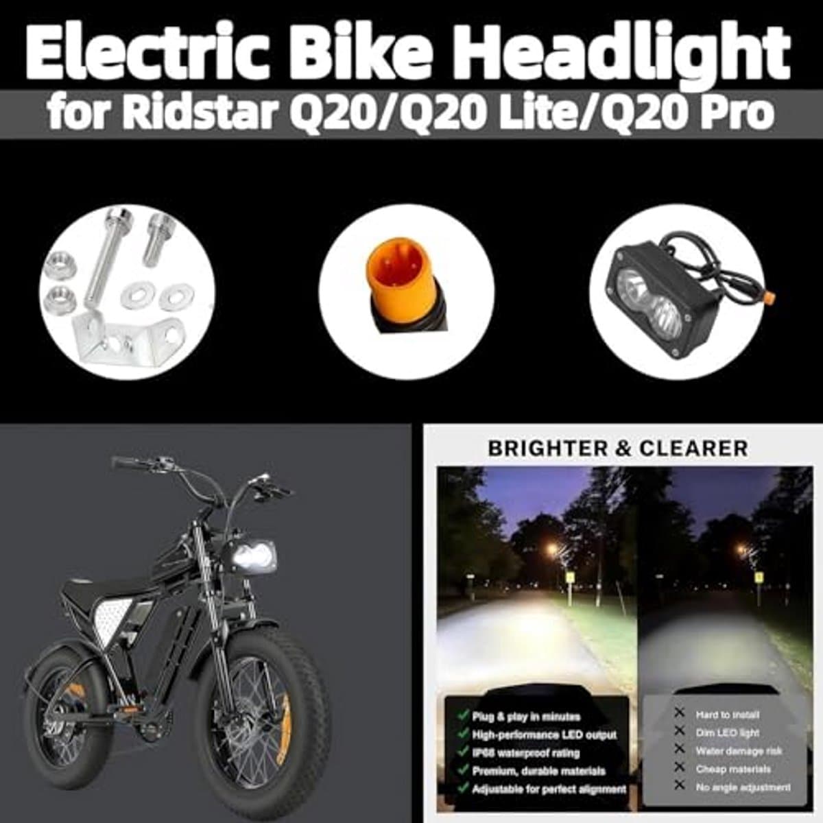 E-bike-koplamp in Baja-stijl for Ridstar Q20, 3-pins Julet Plug-and-Play, 6800K helder, 10V-80V breedspanning, 30W volledig aluminium off-road(Yellow light (extension cord)) thumbnail 2