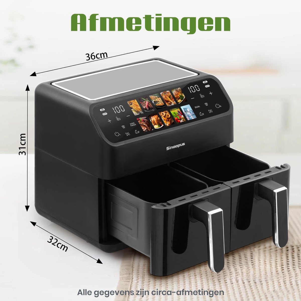 Dubbele Airfryer 901A XXL 10L - Digitale Airfryer 2×5L - 2000W - 10 Programma’s - Smart Finish & Match Cook - 80–200°C Instelbaar - Makkelijk te Reinigen – Capaciteit voor 5 Personen thumbnail 6