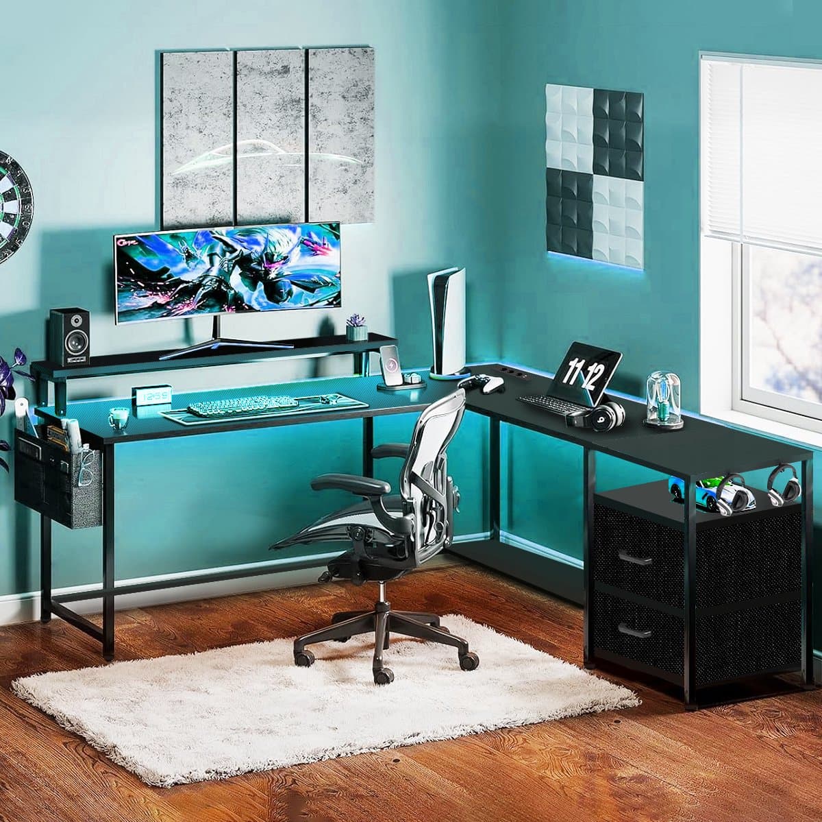 Gaming Bureau met LED Verlichting - 120x120x75cm - L-Vormig Game Bureau met Stopcontact - 2 Non Woven Lade - Gaming Desk - Computer Tafel - Gaming Tafel - Bureau voor Gamen, Studeren en Werken - Zwart thumbnail 3