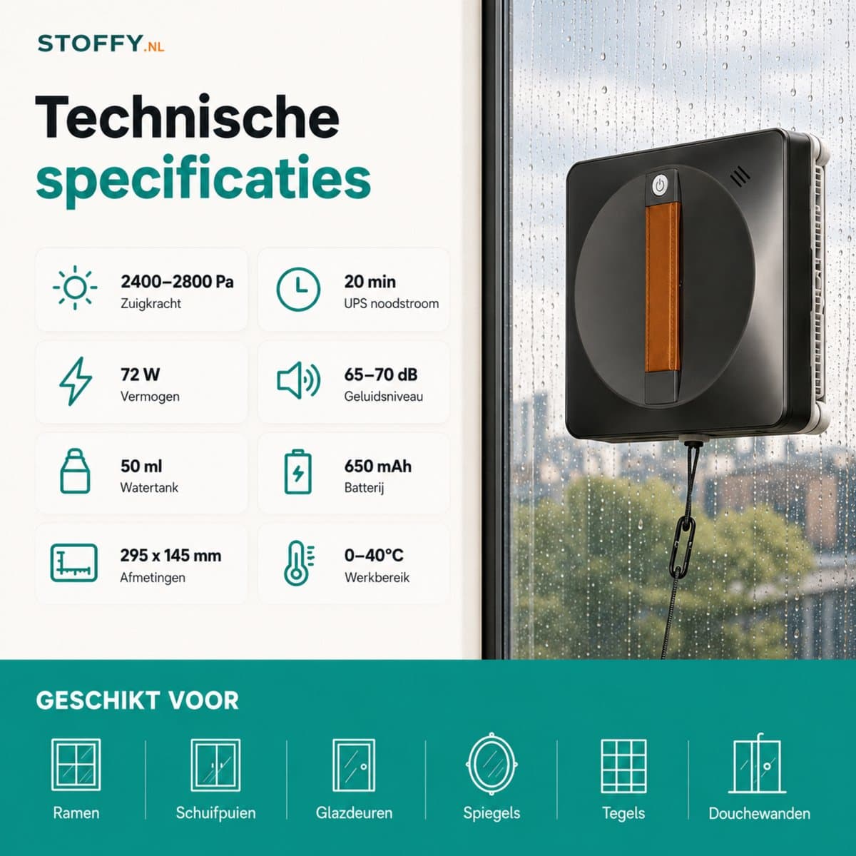Stoffy Robot Ramenwasser Nova- Ruitenreiniger Elektrisch - Raamwisser - Appbediening - met Afstandsbediening - Snoerlengte 5m thumbnail 6